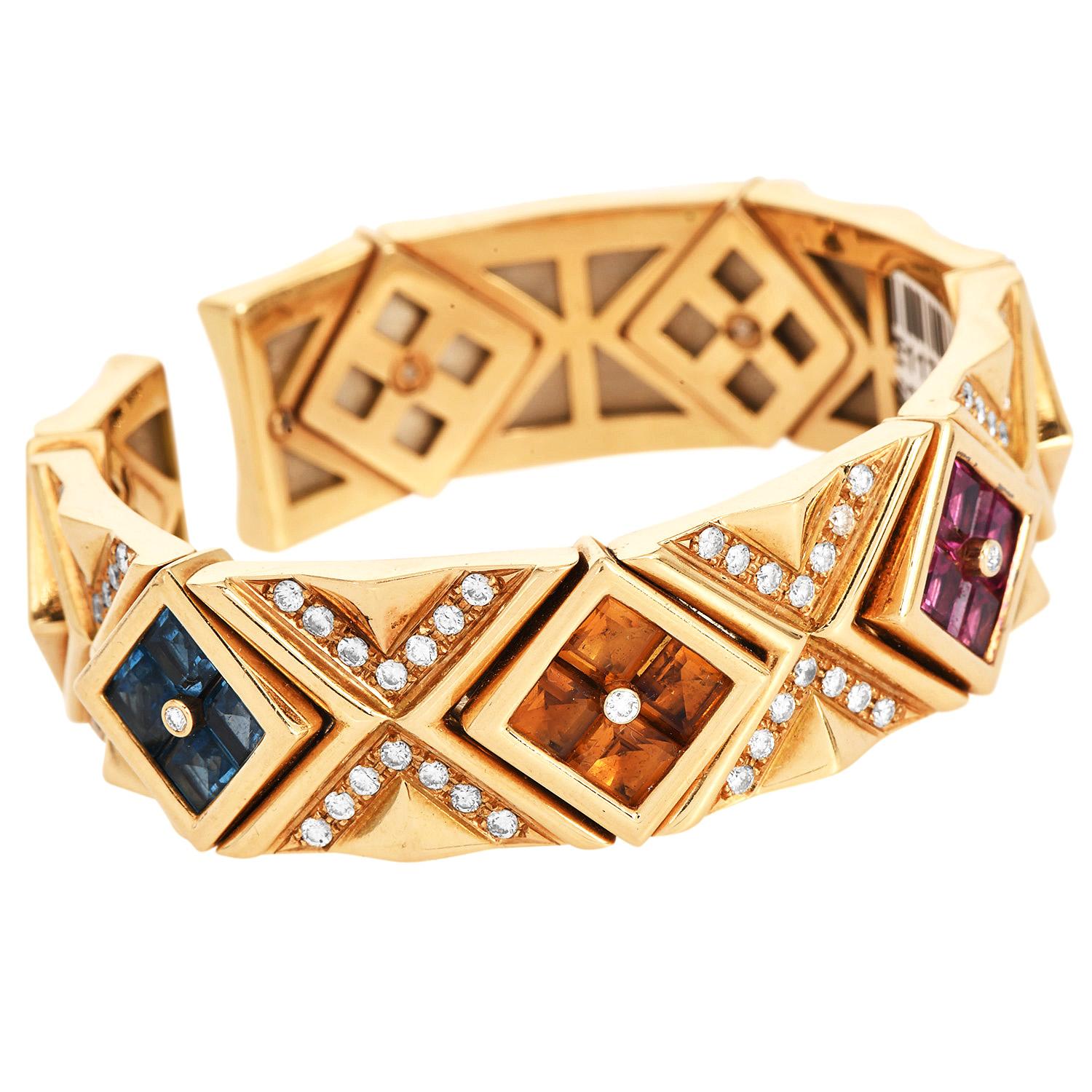 1990s Multi Gemstone Diamond 18K Gold Statement Cuff Bracelet For Sale 1