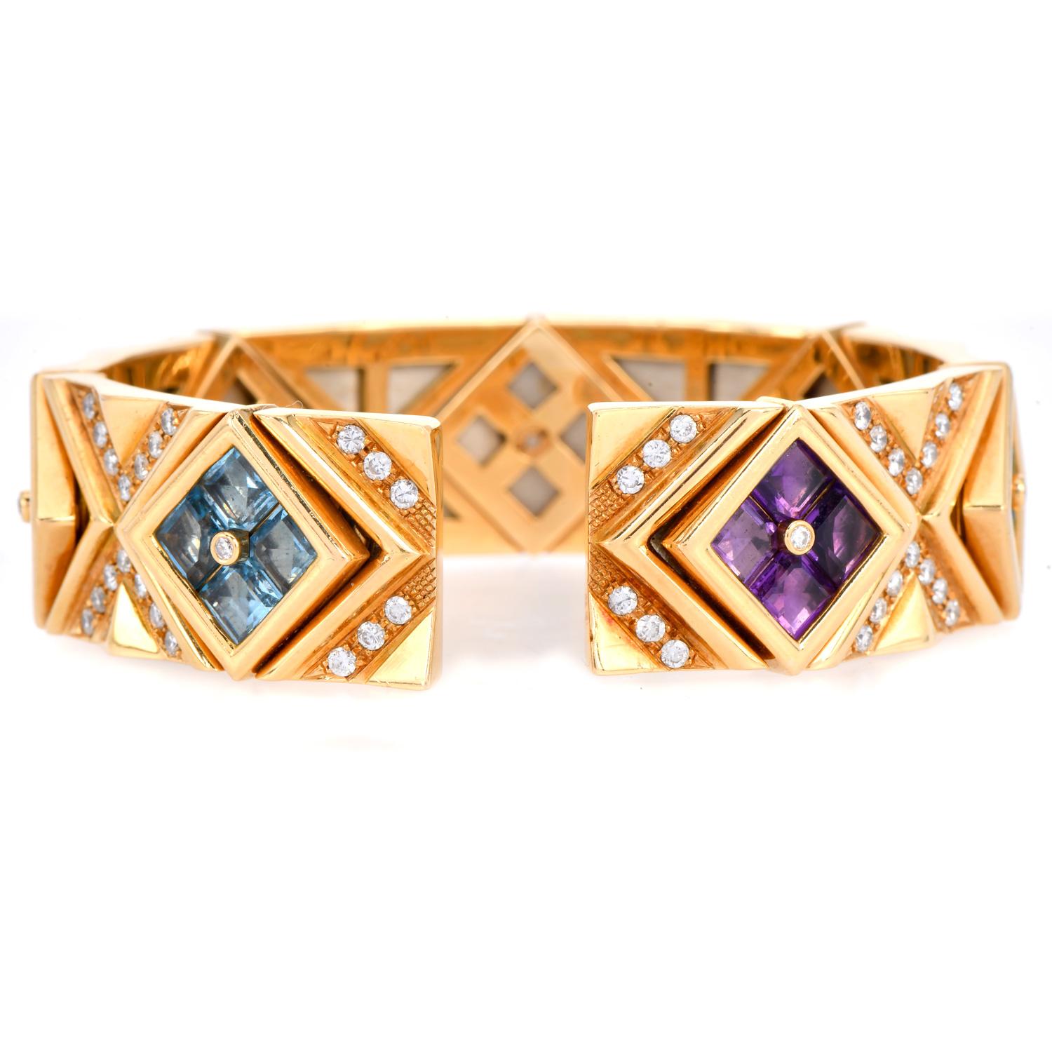 1990s Multi Gemstone Diamond 18K Gold Statement Cuff Bracelet For Sale 2