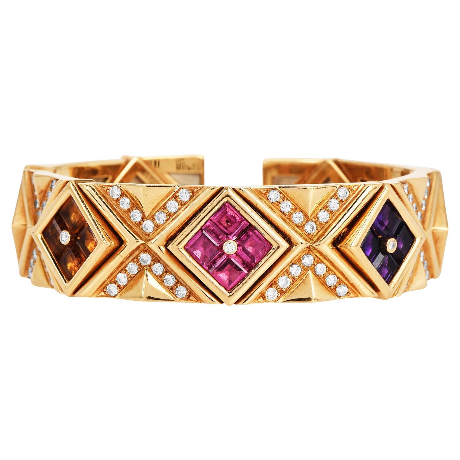 1990s Multi Gemstone Diamond 18K Gold Statement Cuff Bracelet For Sale