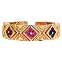Vintage 1990s Multi Gemstone Diamond 18K Gold Statement Cuff Bracelet