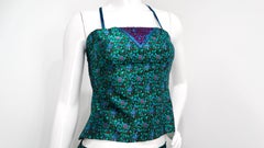 Ensemble jupe et haut en brocart imprimé floral multicolore des années 1990