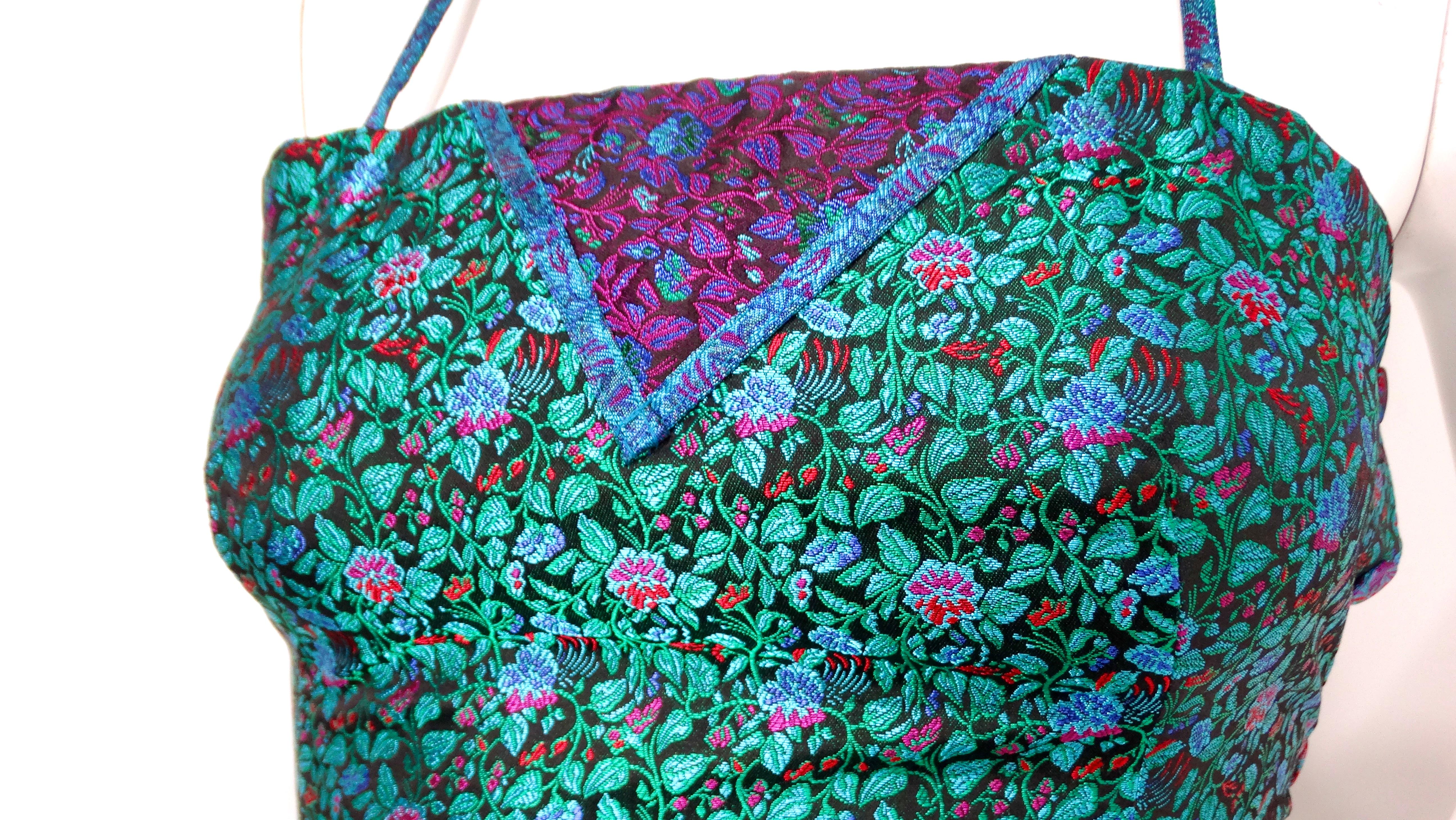 Blu Set top e gonna in broccato con stampa floreale multicolore degli anni '90 in vendita