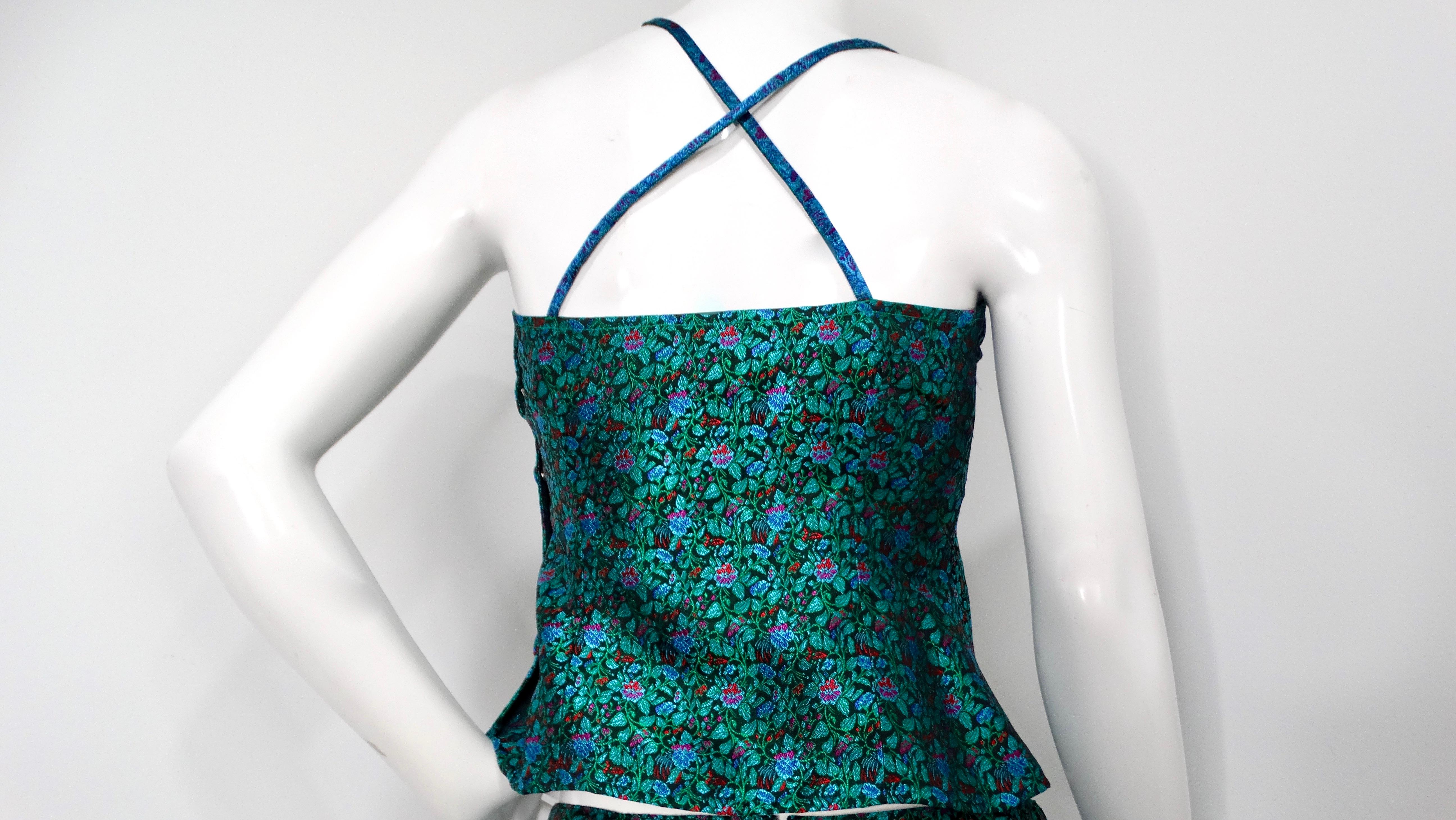 Set top e gonna in broccato con stampa floreale multicolore degli anni '90 in vendita 2