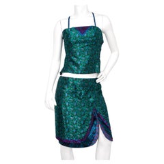 1990s Multicolor Floral Print Brocade Top & Skirt Set