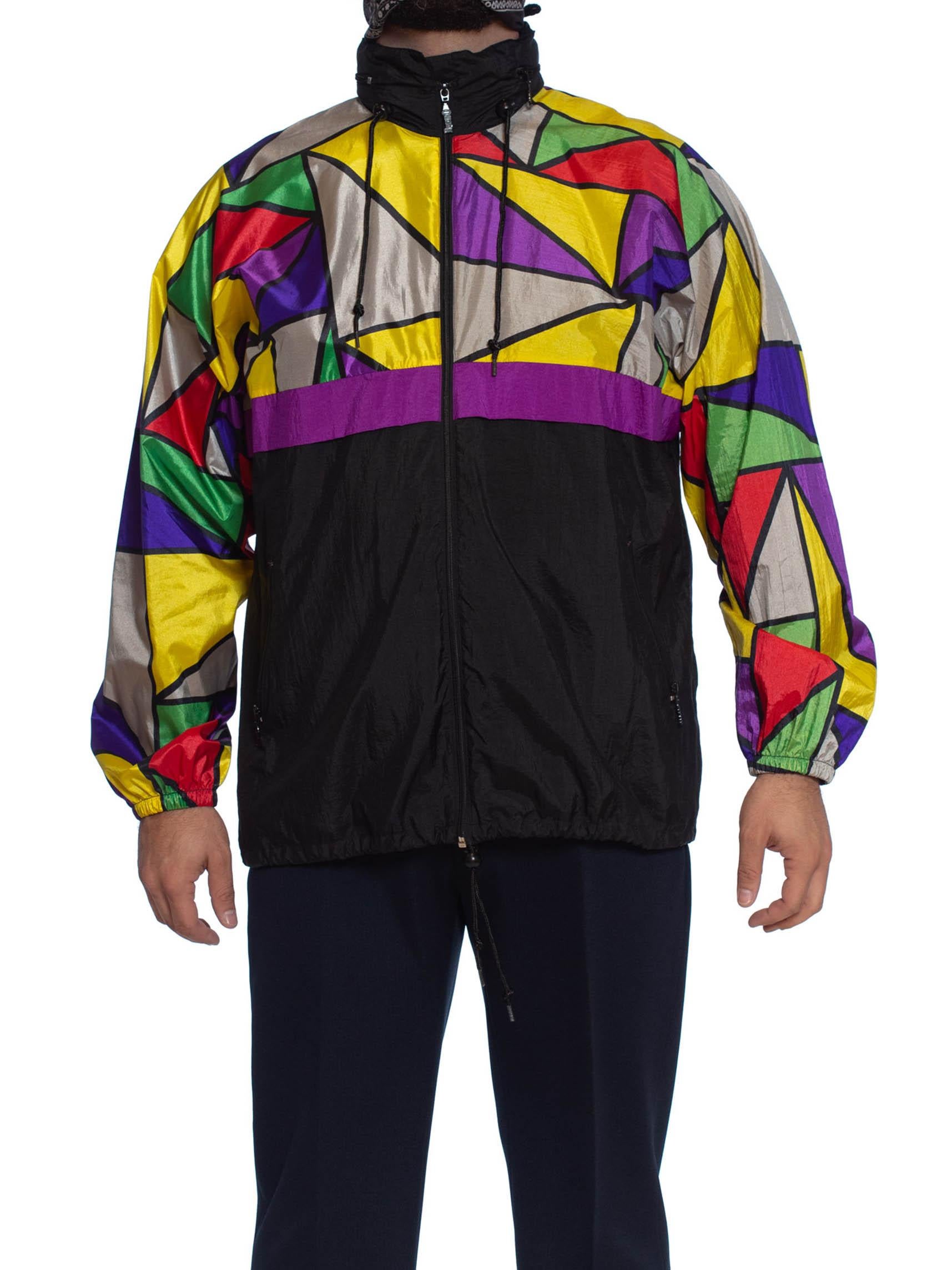 Black 1990S Multicolor Polyester Mosaic Colorblocked Windbreaker Jacket