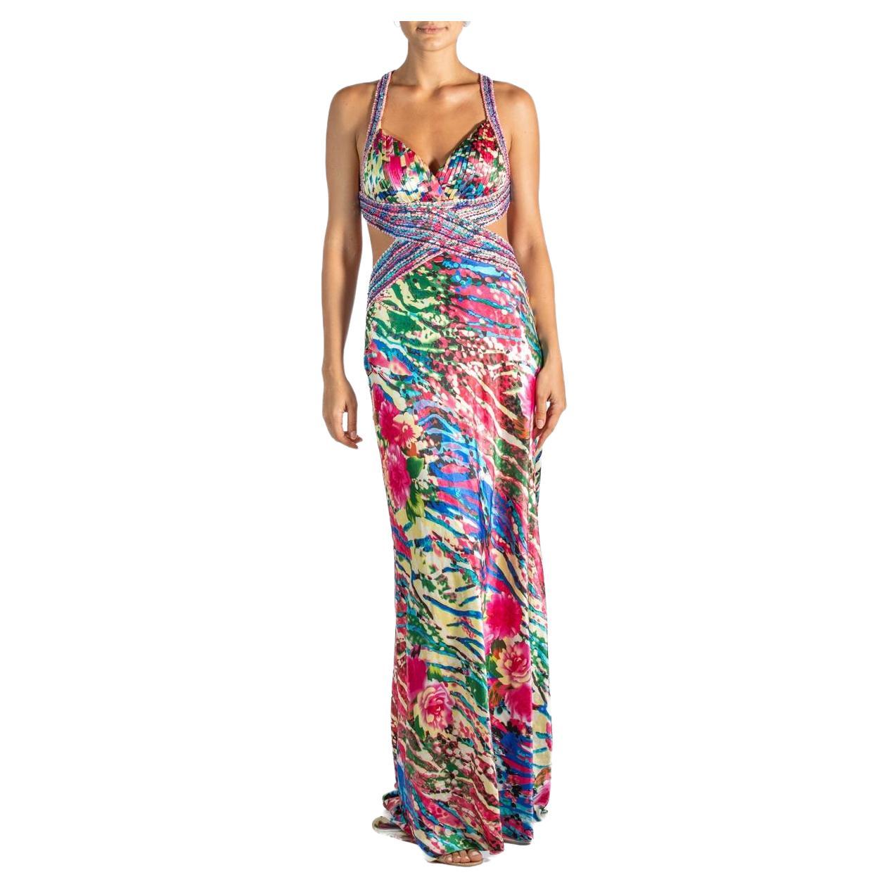 Robe en soie pailletée multicolore des années 1990 en vente