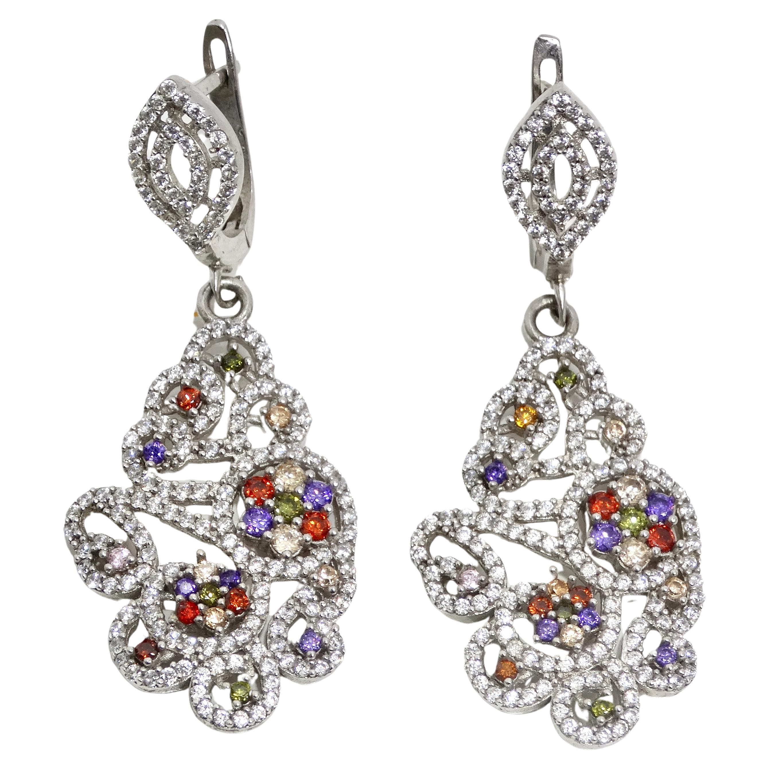 1990s Multicolor Swarovski Crystal Dangle Earrings For Sale
