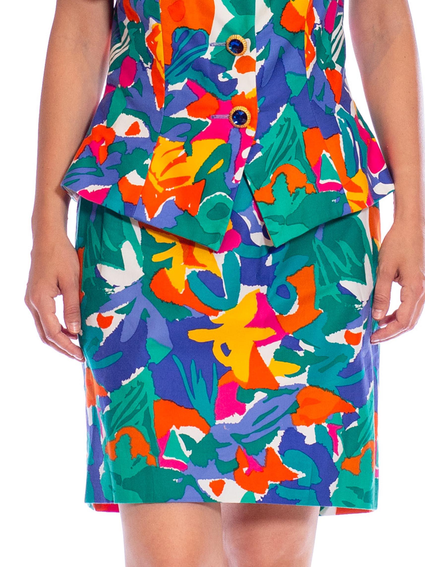 1990S Multicolor Tropical Cotton Off The Shoulder Top & Skirt Ensemble For Sale 6