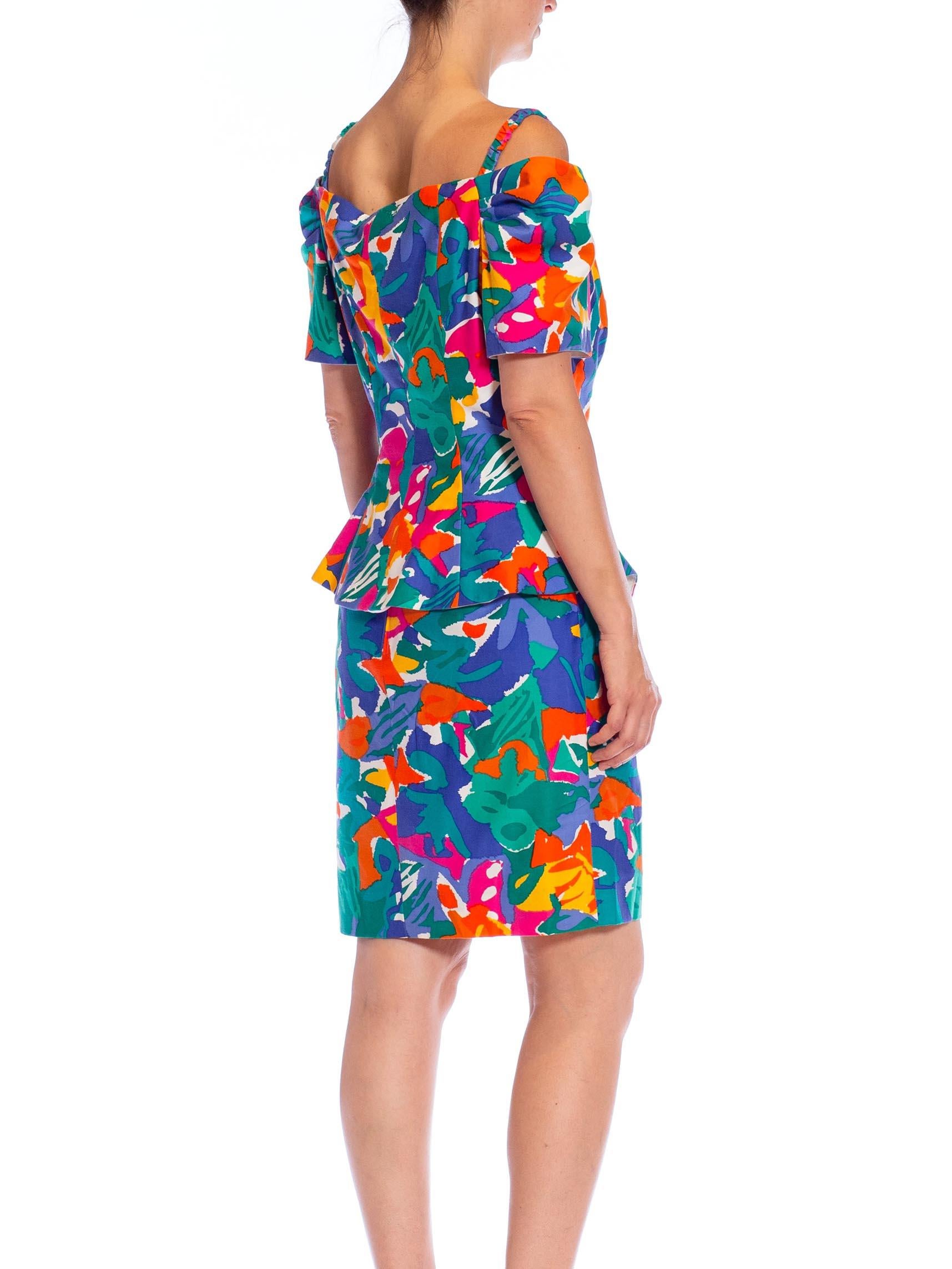Beige 1990S Multicolor Tropical Cotton Off The Shoulder Top & Skirt Ensemble For Sale