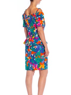 1990S Multicolor Tropical Cotton Off The Shoulder Top & Skirt Ensemble