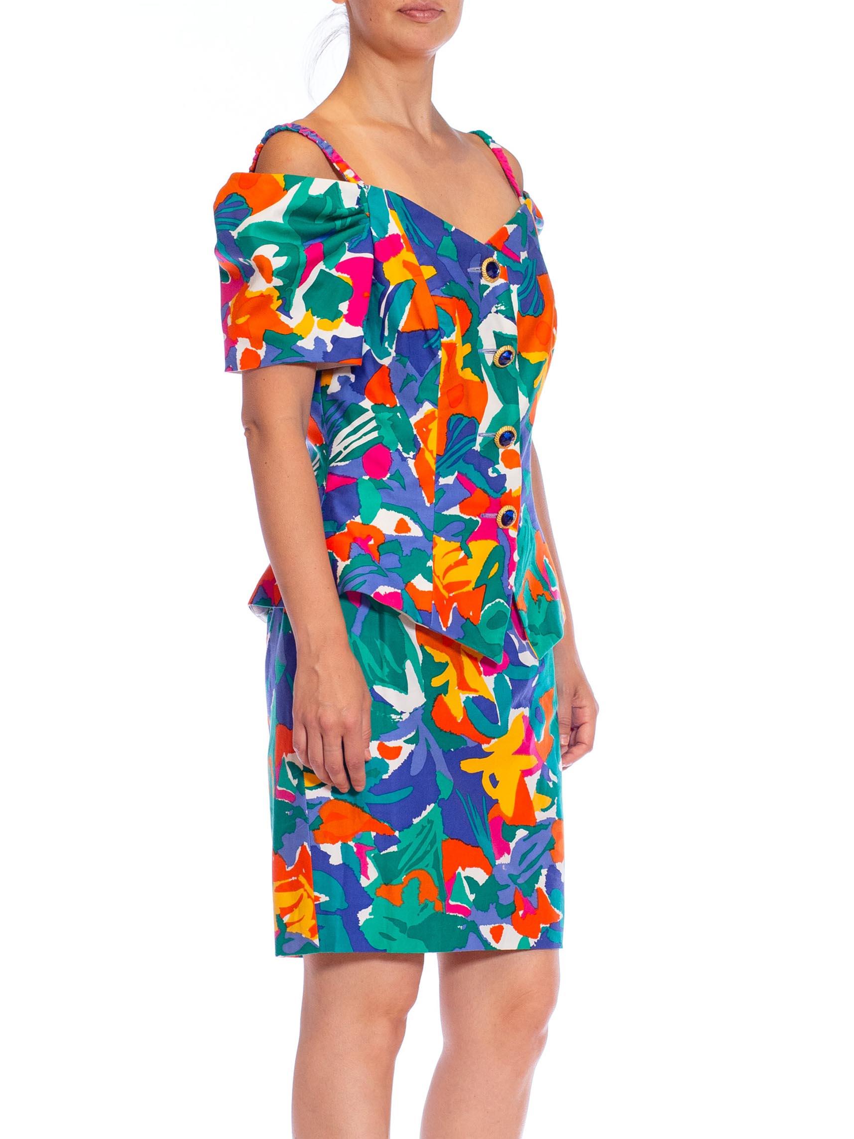1990S Multicolor Tropical Cotton Off The Shoulder Top & Skirt Ensemble In Excellent Condition For Sale In New York, NY