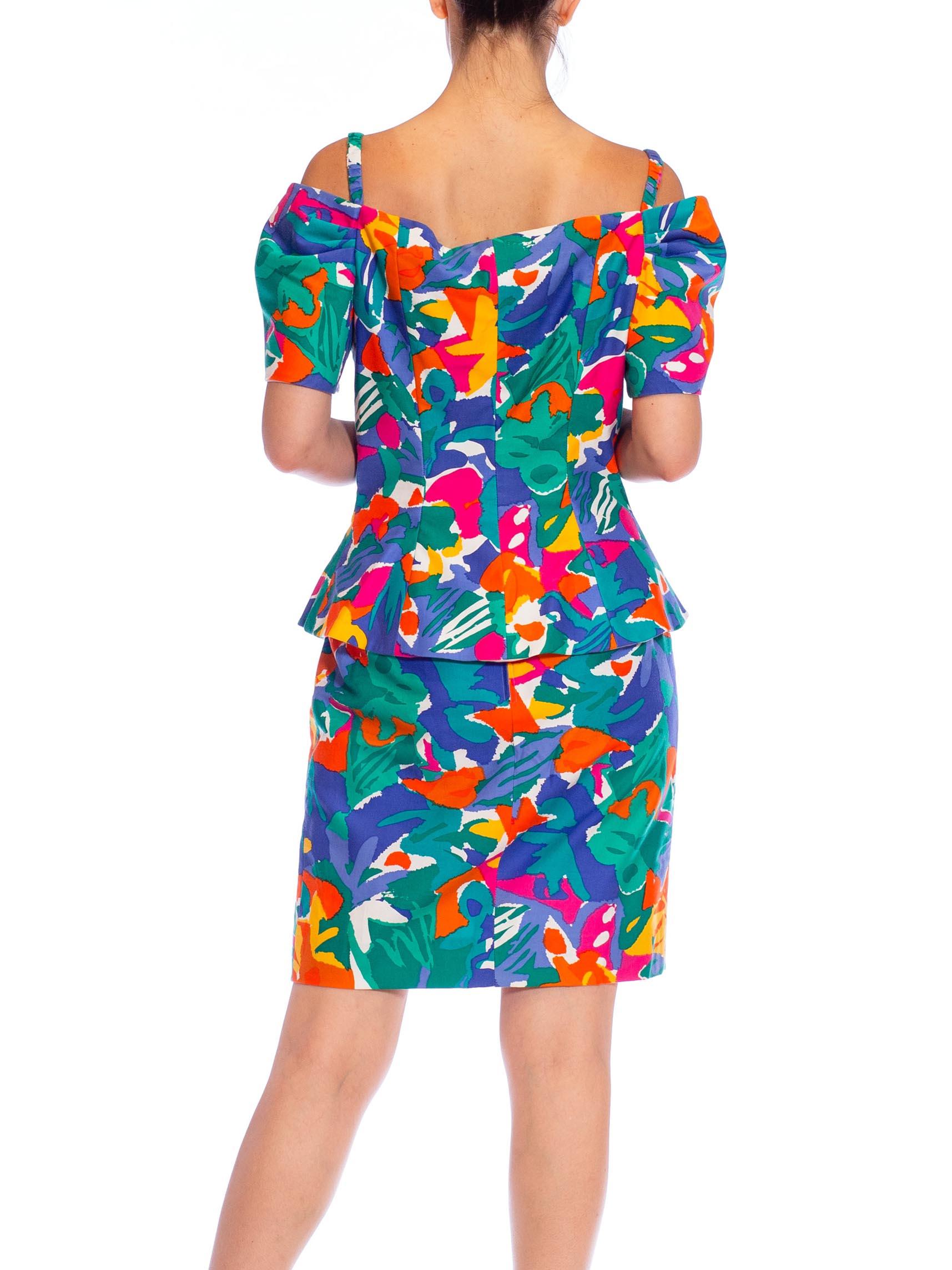 Women's 1990S Multicolor Tropical Cotton Off The Shoulder Top & Skirt Ensemble For Sale
