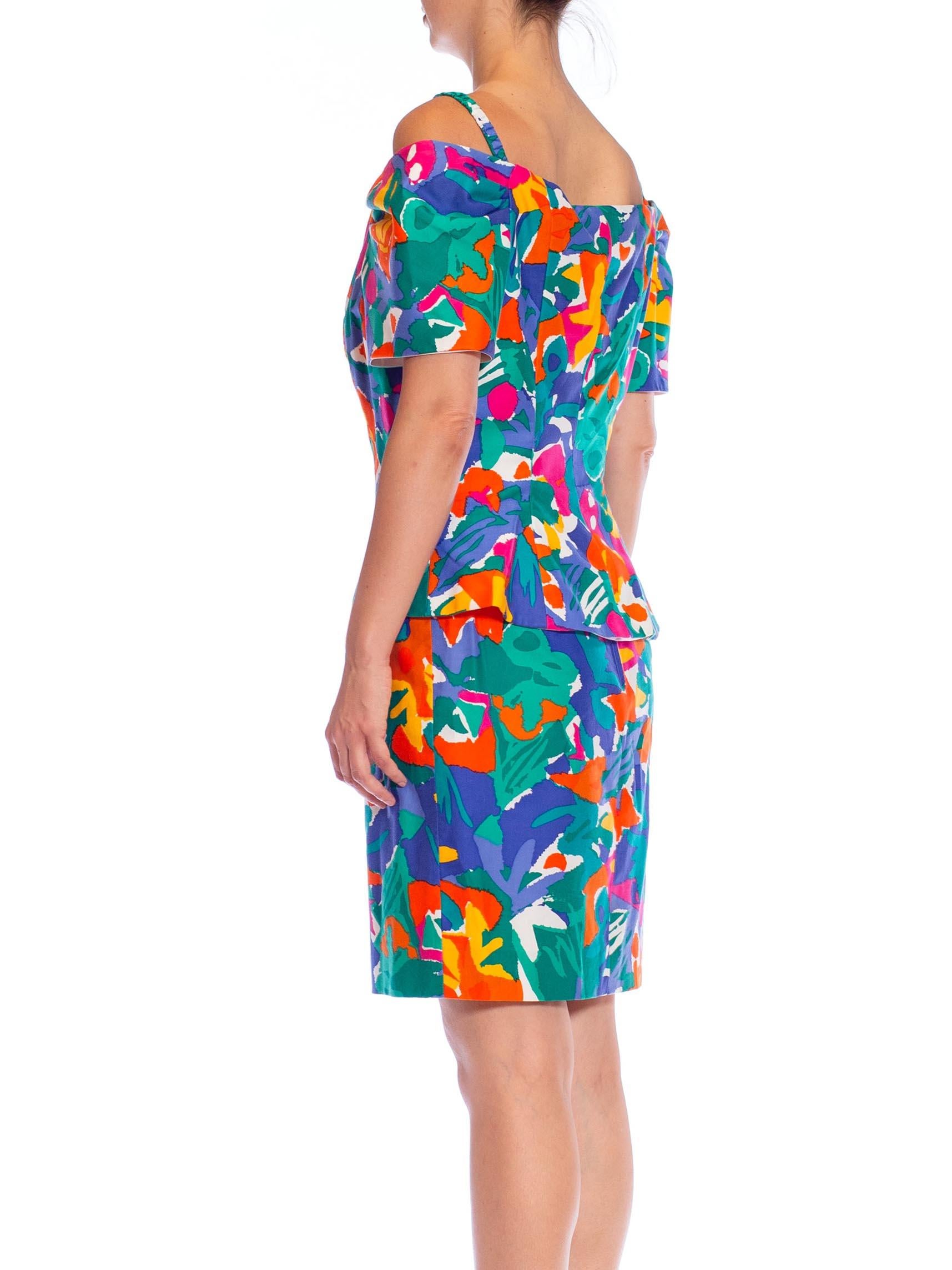 1990S Multicolor Tropical Cotton Off The Shoulder Top & Skirt Ensemble For Sale 4