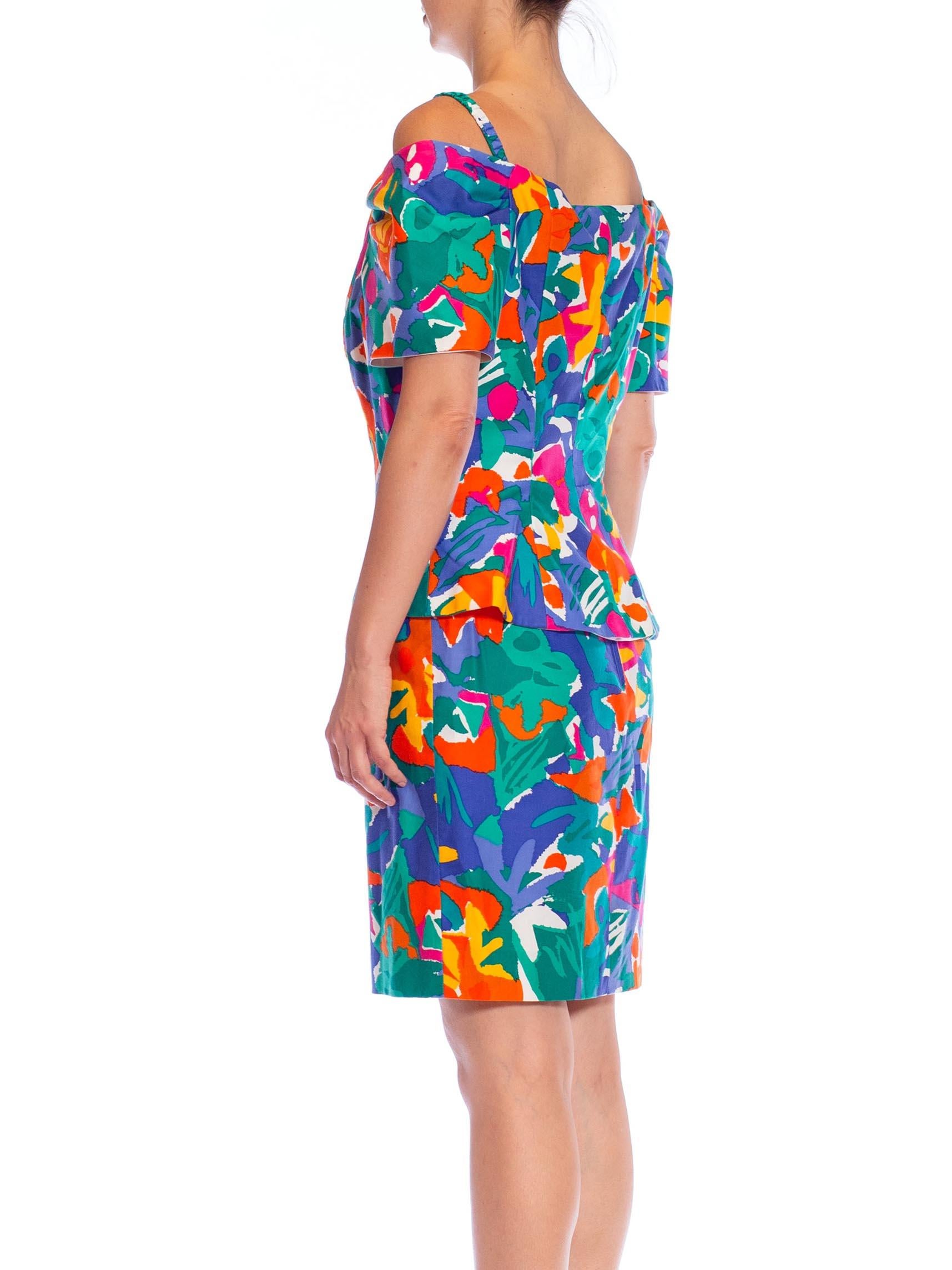 1990S Top e gonna off the shoulder in cotone tropicale multicolore in vendita 4