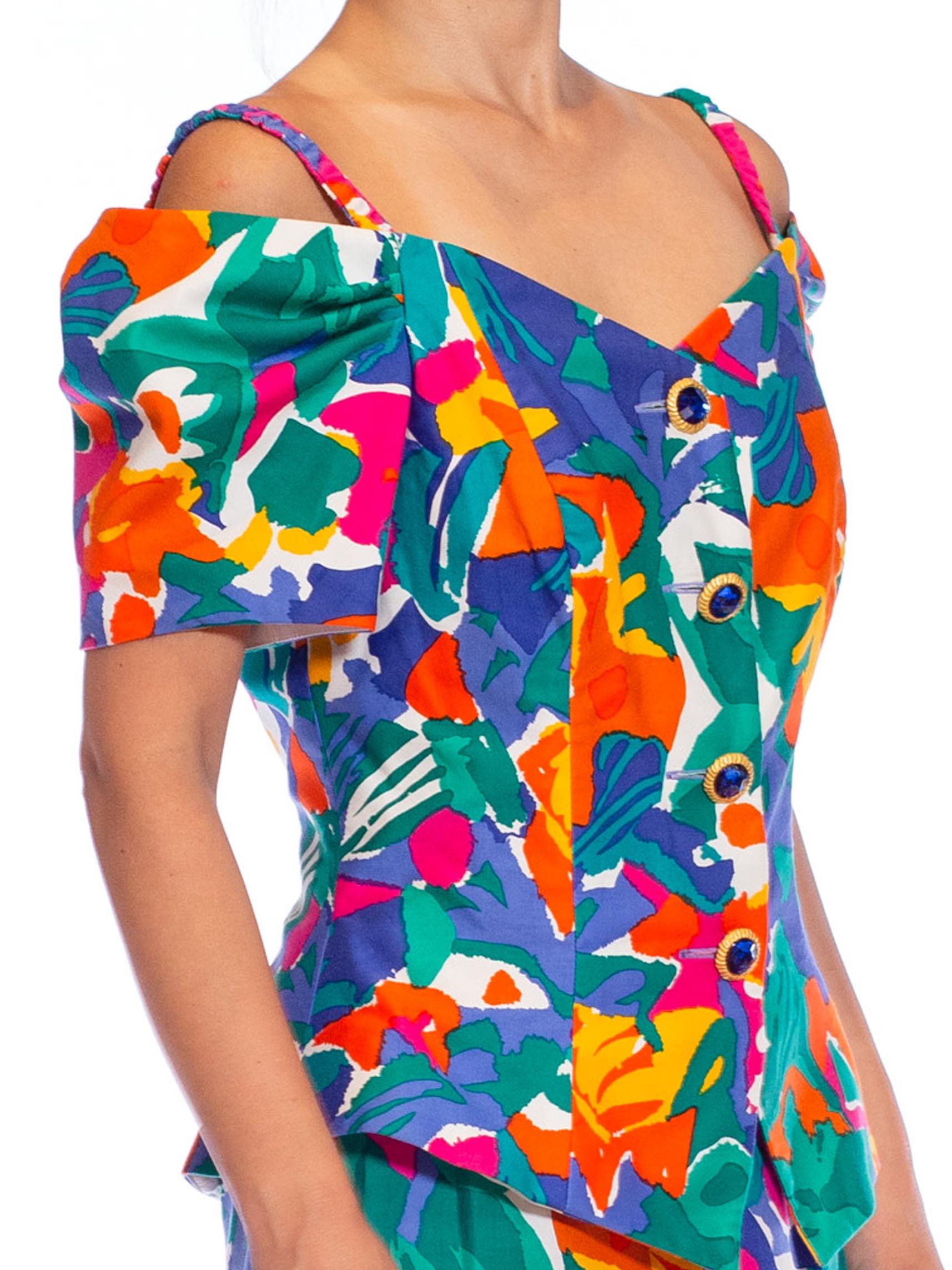 1990S Multicolor Tropical Cotton Off The Shoulder Top & Skirt Ensemble For Sale 5