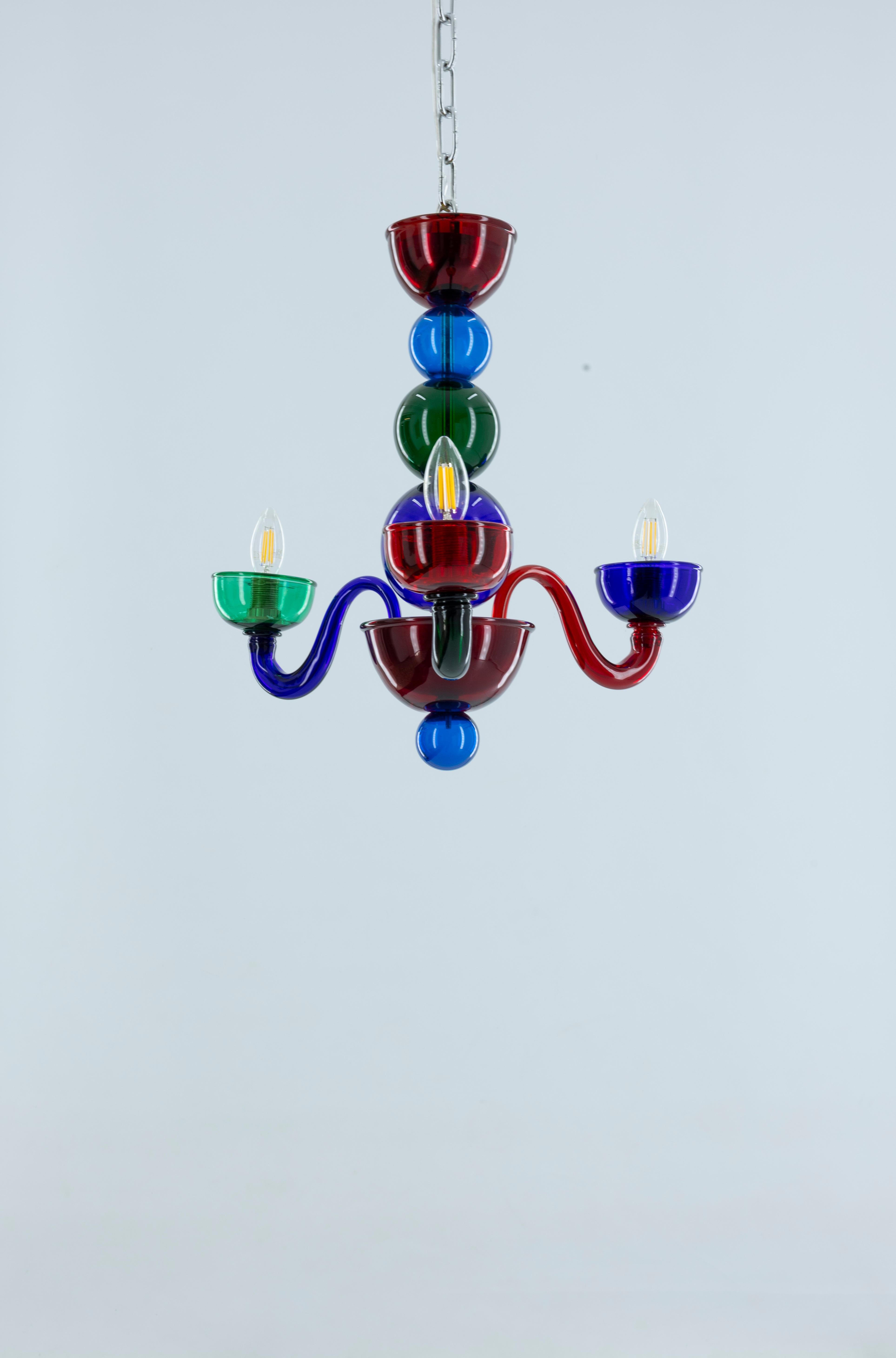Art Deco 1990s Murano Glass Chandelier Spherical Design Ruby & Multicolored accent For Sale