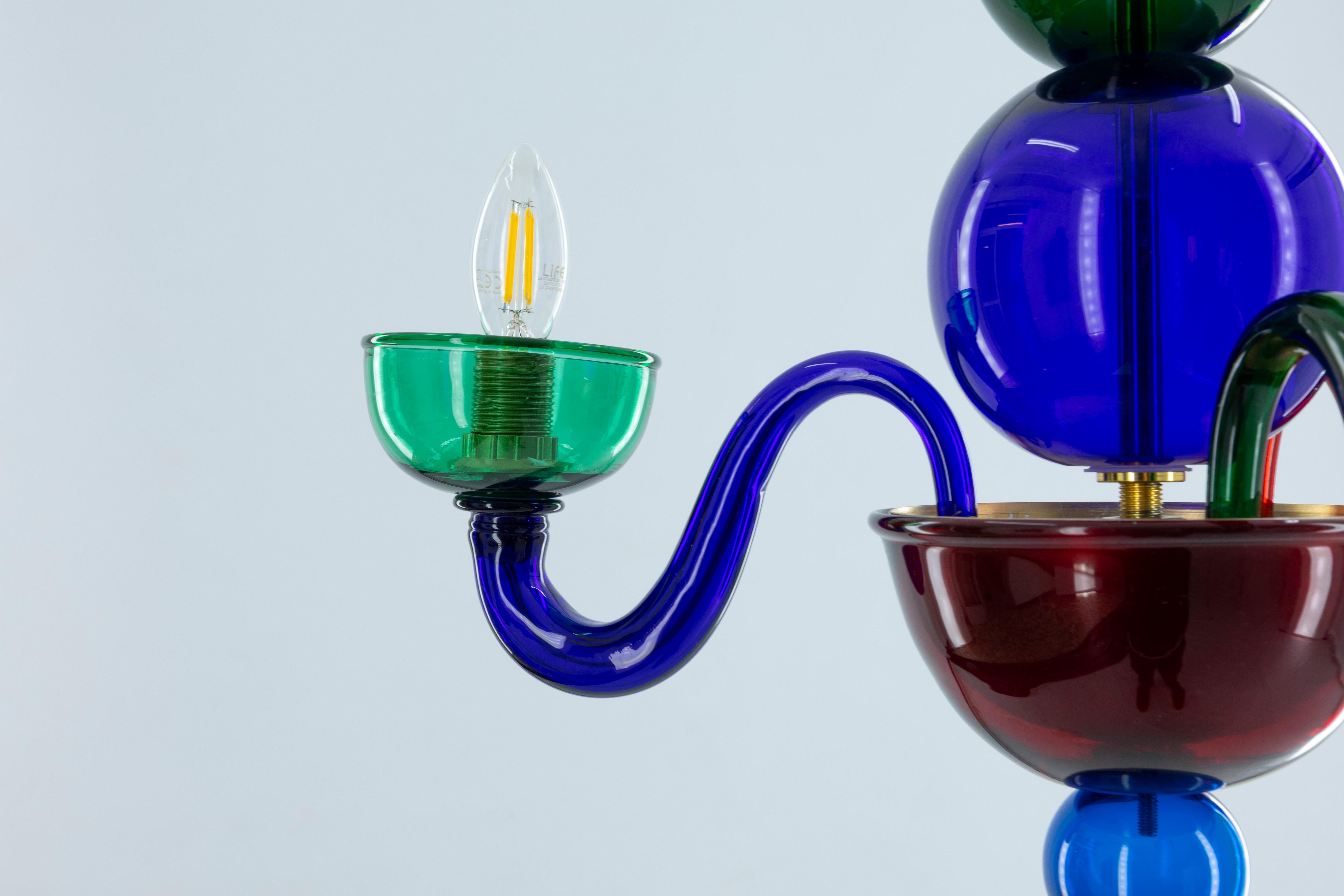 Italian 1990s Murano Glass Chandelier Spherical Design Ruby & Multicolored accent For Sale