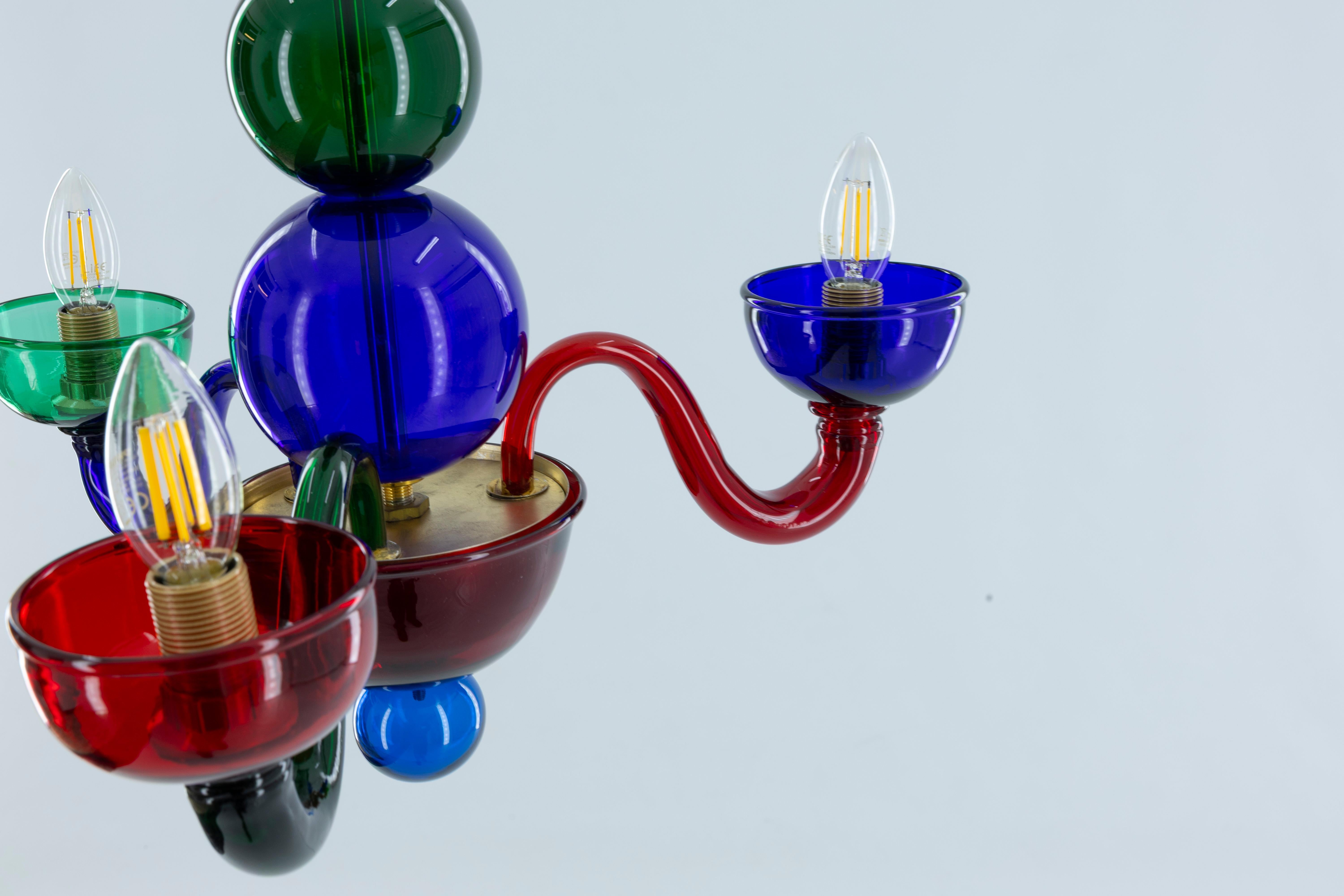 Hand-Crafted 1990s Murano Glass Chandelier Spherical Design Ruby & Multicolored accent For Sale