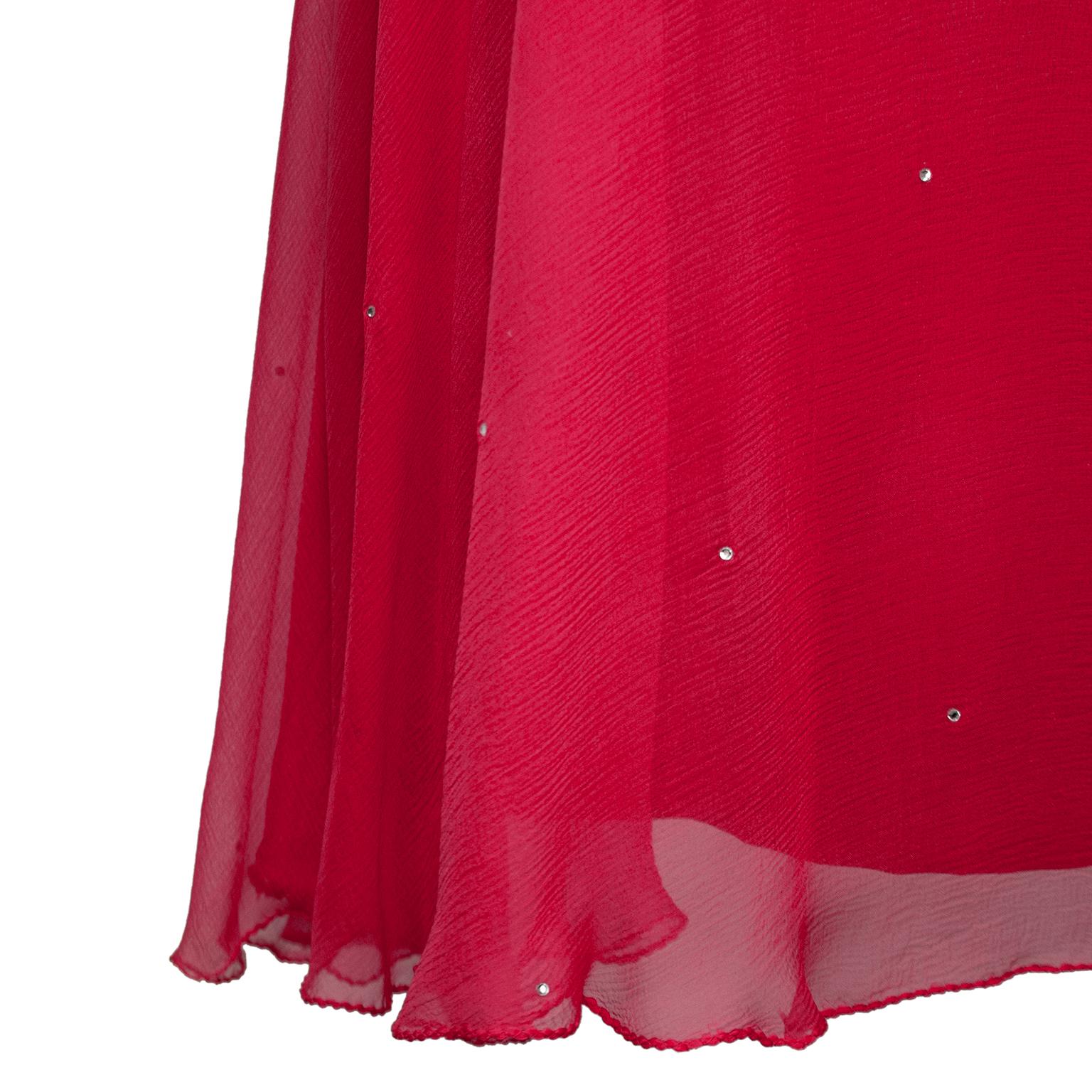 Red 1990's Myréne de Prémonville Rhinestone Studded Coral Chiffon Dress For Sale