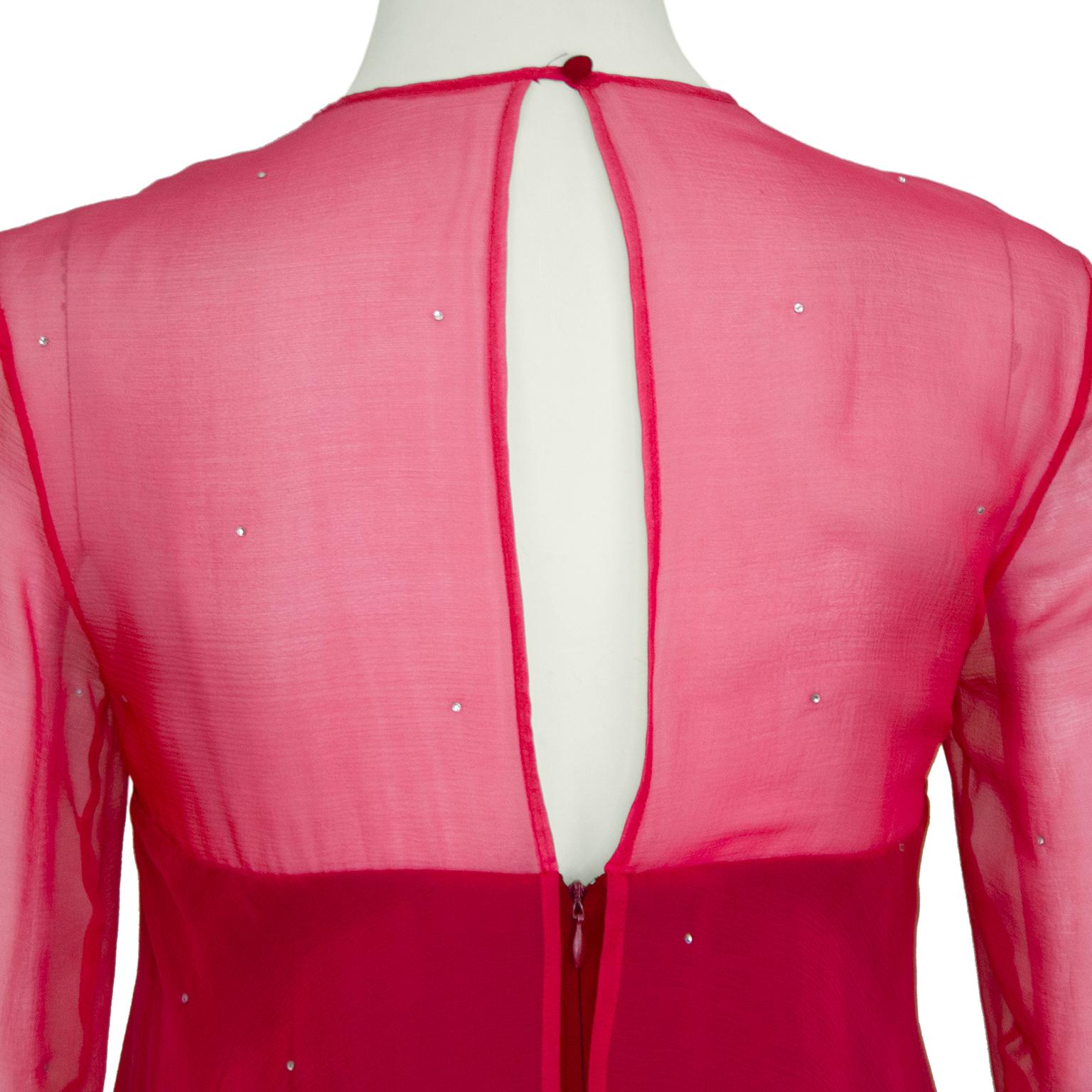 1990's Myréne de Prémonville Rhinestone Studded Coral Chiffon Dress In Good Condition For Sale In Toronto, Ontario