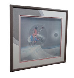 1990s Native American Johnny Tiger Jr Eclipse Indian Warrior Horseback Print 32"