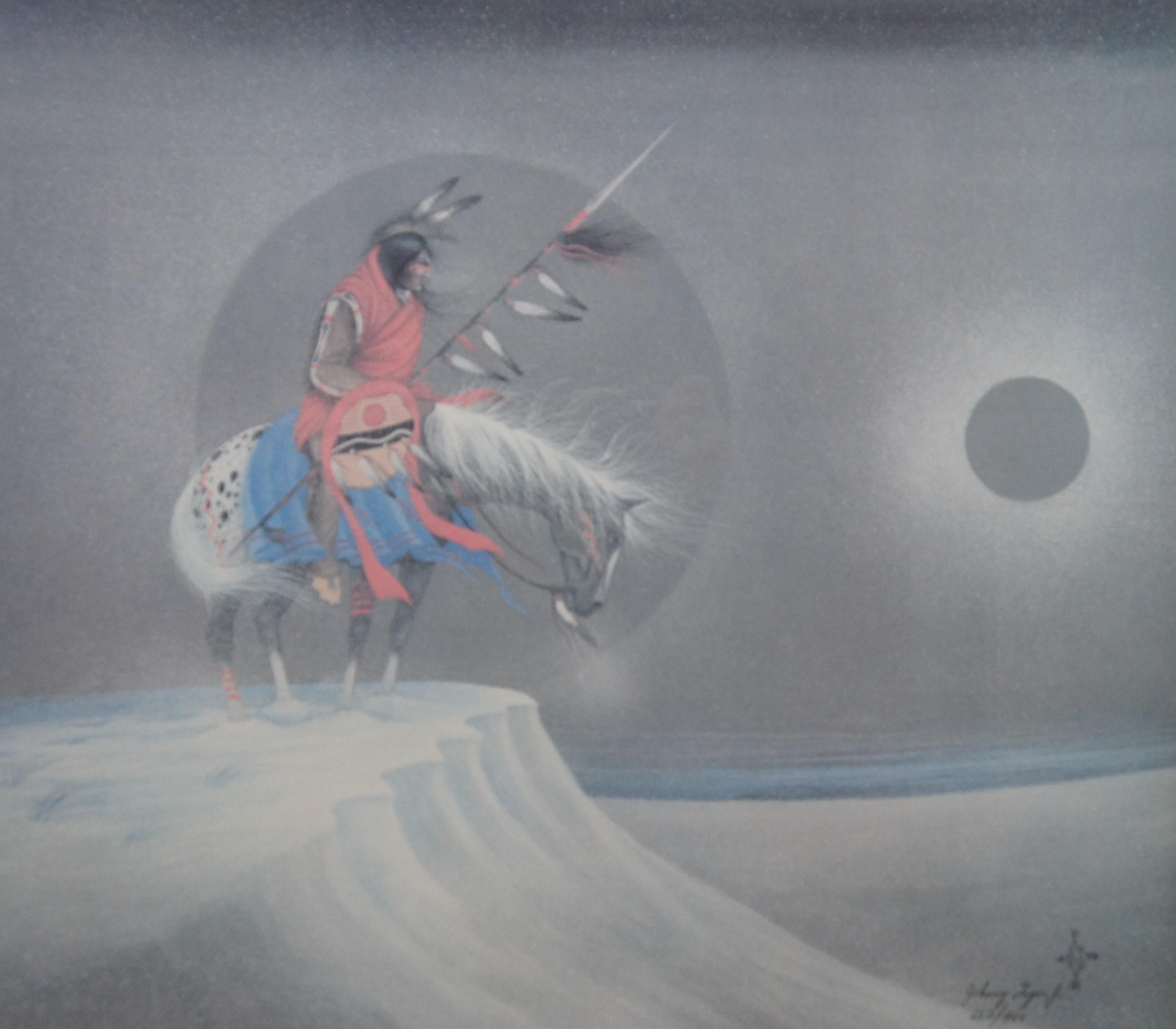 1990s Native American Johnny Tiger Jr Eclipse Indian Warrior Horseback Print 32