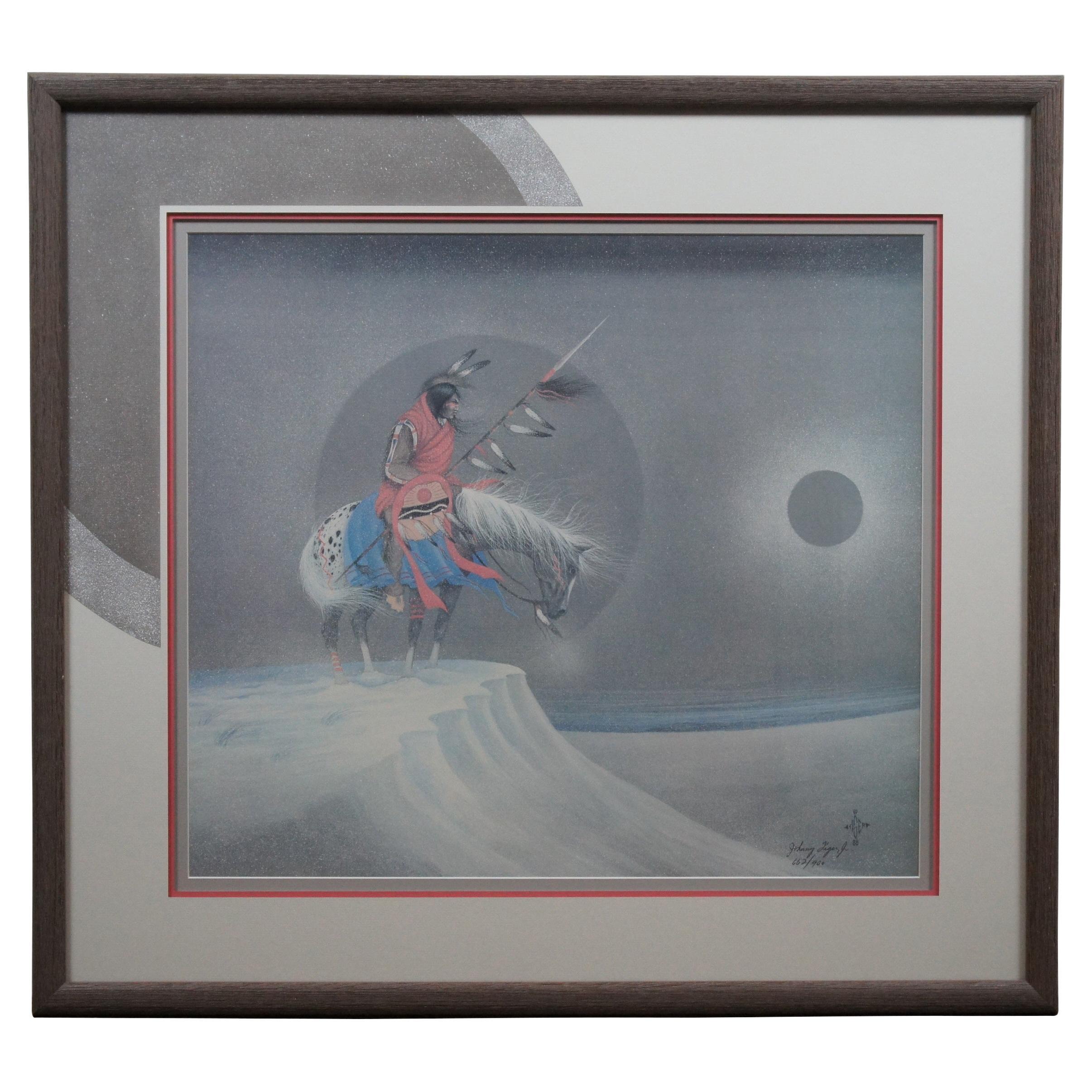1990s Native American Johnny Tiger Jr Eclipse Indian Warrior Horseback Print 32"