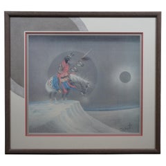 Vintage 1990s Native American Johnny Tiger Jr Eclipse Indian Warrior Horseback Print 32"