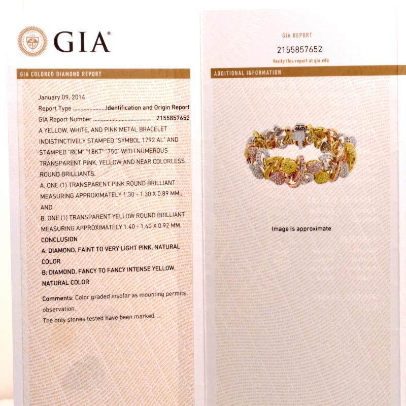 1990's  Natural Fancy Pink, Yellow, White GIA Diamond 18 Karat Gold Bracelet 1