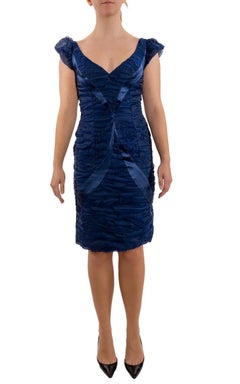 1990S Navy Blue Matelassé Lightweight Silk Organza Charmeuse Lined Dress