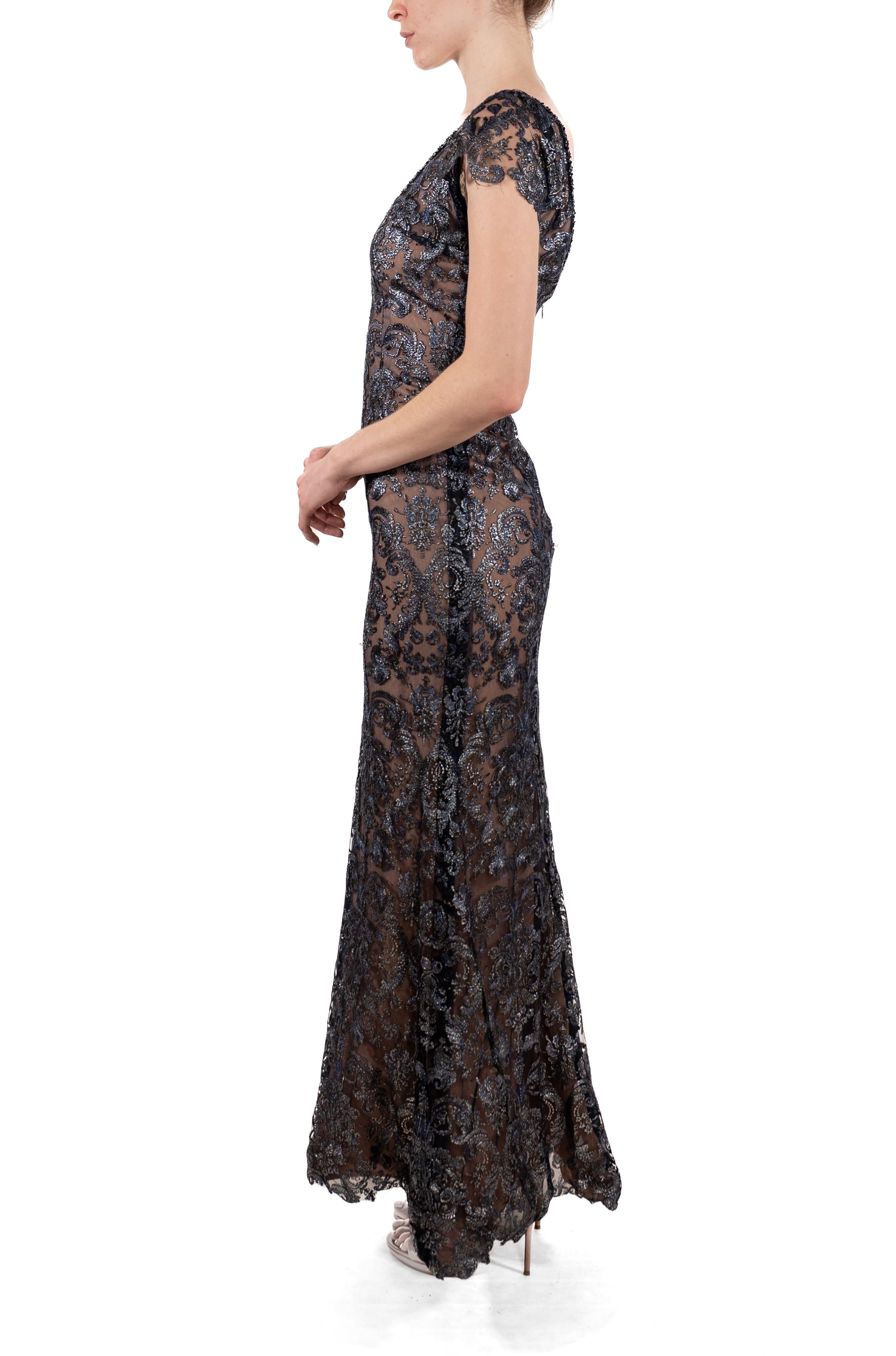 Black 1990S Navy Blue Metallic Rayon & Silk Lace Gown With Short Sleeves For Sale