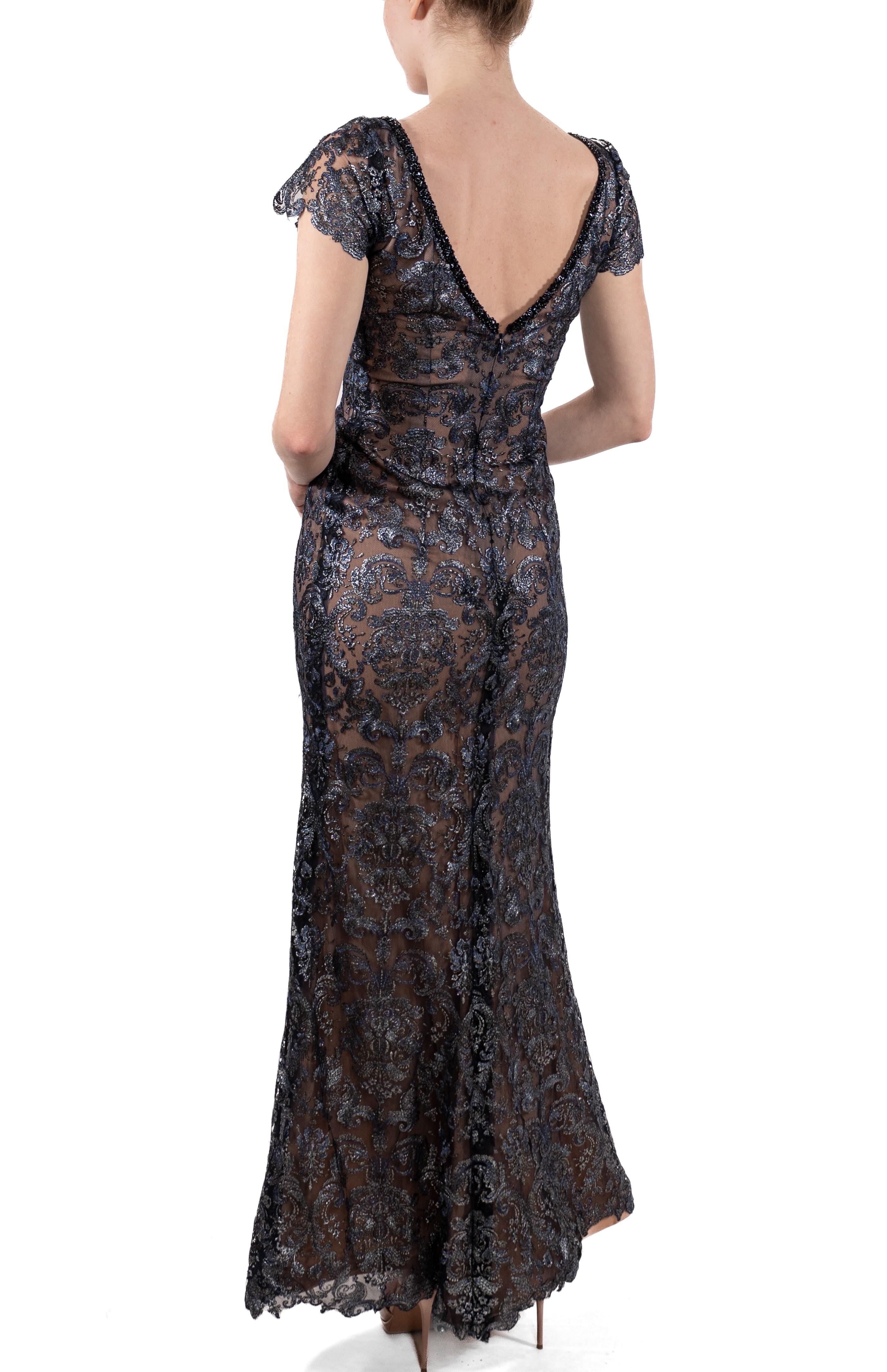 1990S Navy Blue Metallic Rayon & Silk Lace Gown With Short Sleeves In Good Condition For Sale In New York, NY