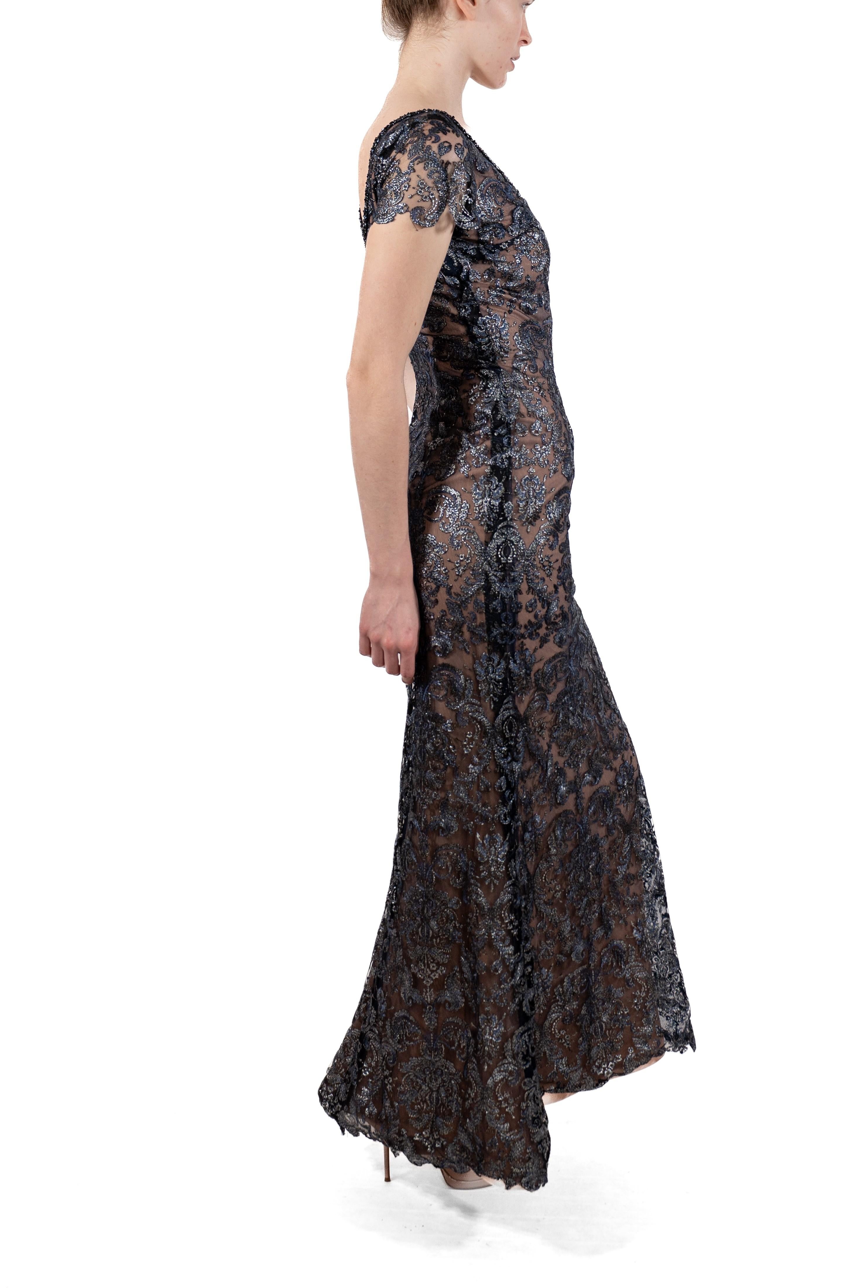 1990S Navy Blue Metallic Rayon & Silk Lace Gown With Short Sleeves For Sale 2
