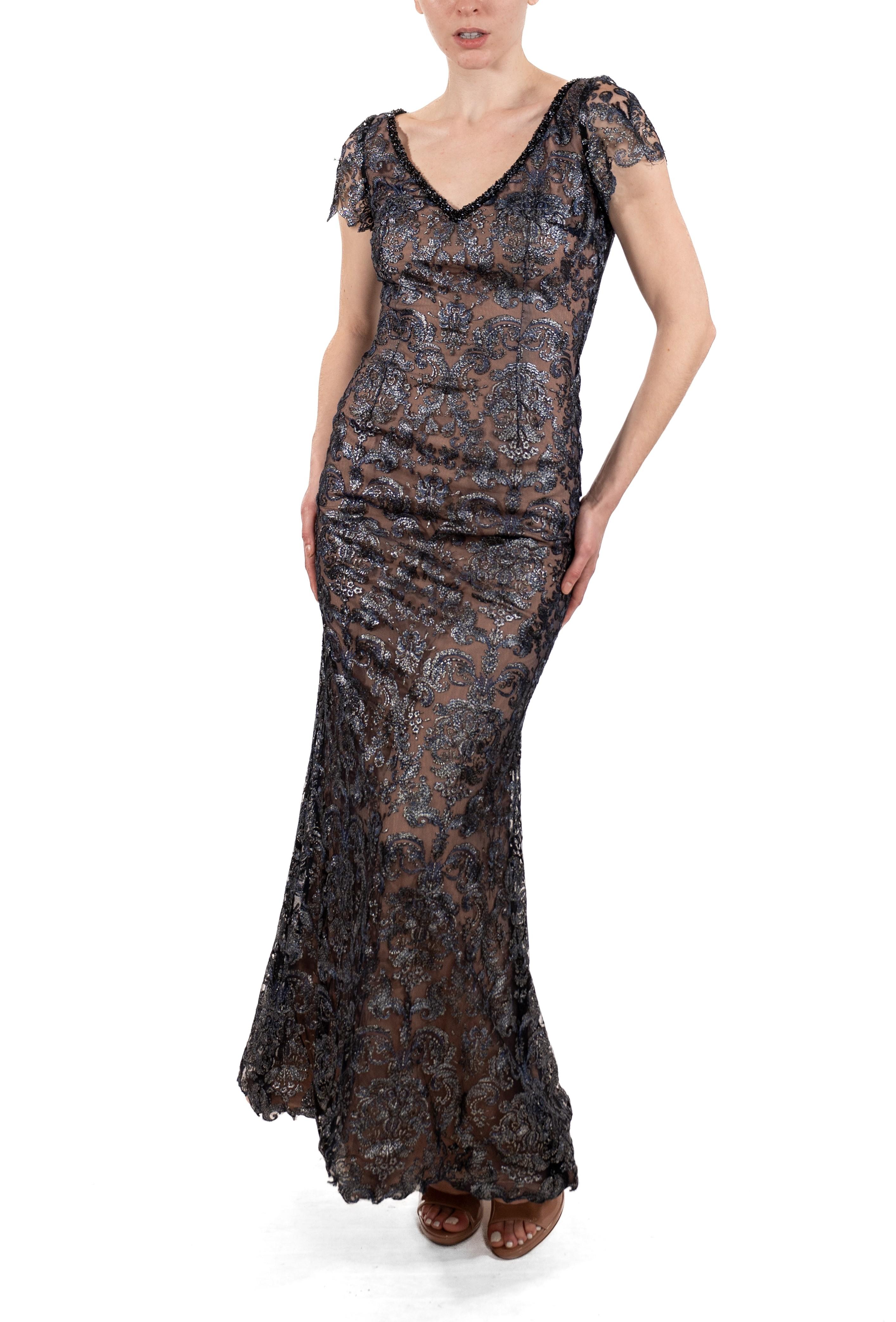 1990S Navy Blue Metallic Rayon & Silk Lace Gown With Short Sleeves For Sale 3