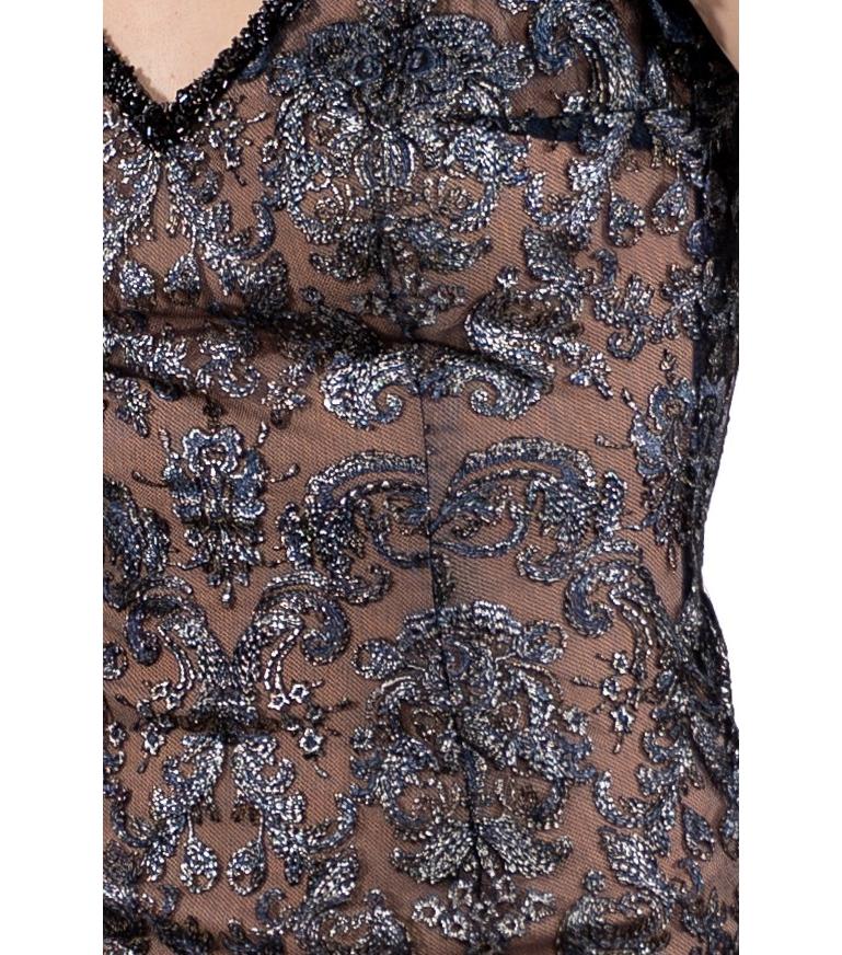 1990S Navy Blue Metallic Rayon & Silk Lace Gown With Short Sleeves For Sale 4