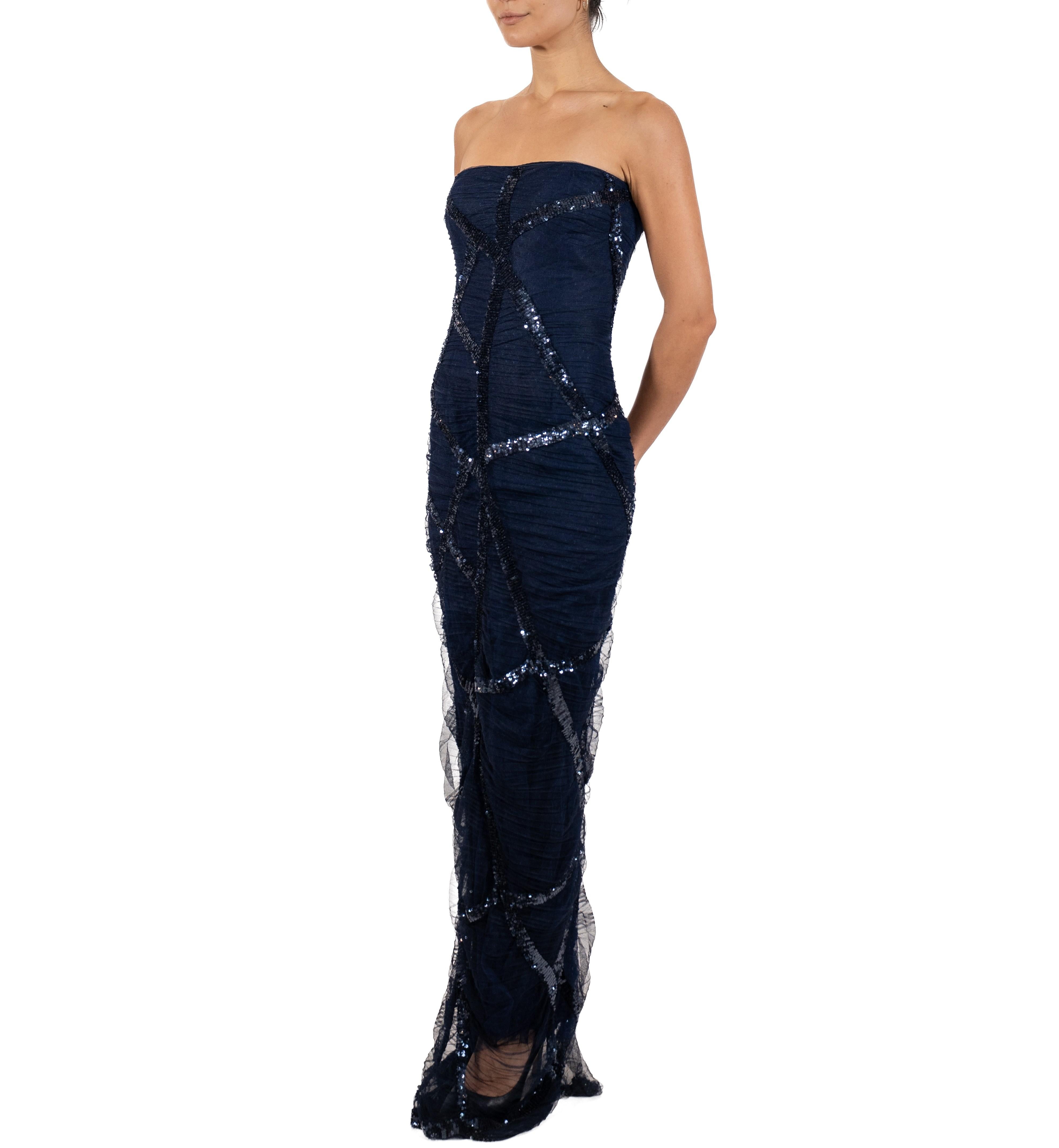 Black 1990S Navy Blue Sequined Silk Strapless Gown For Sale