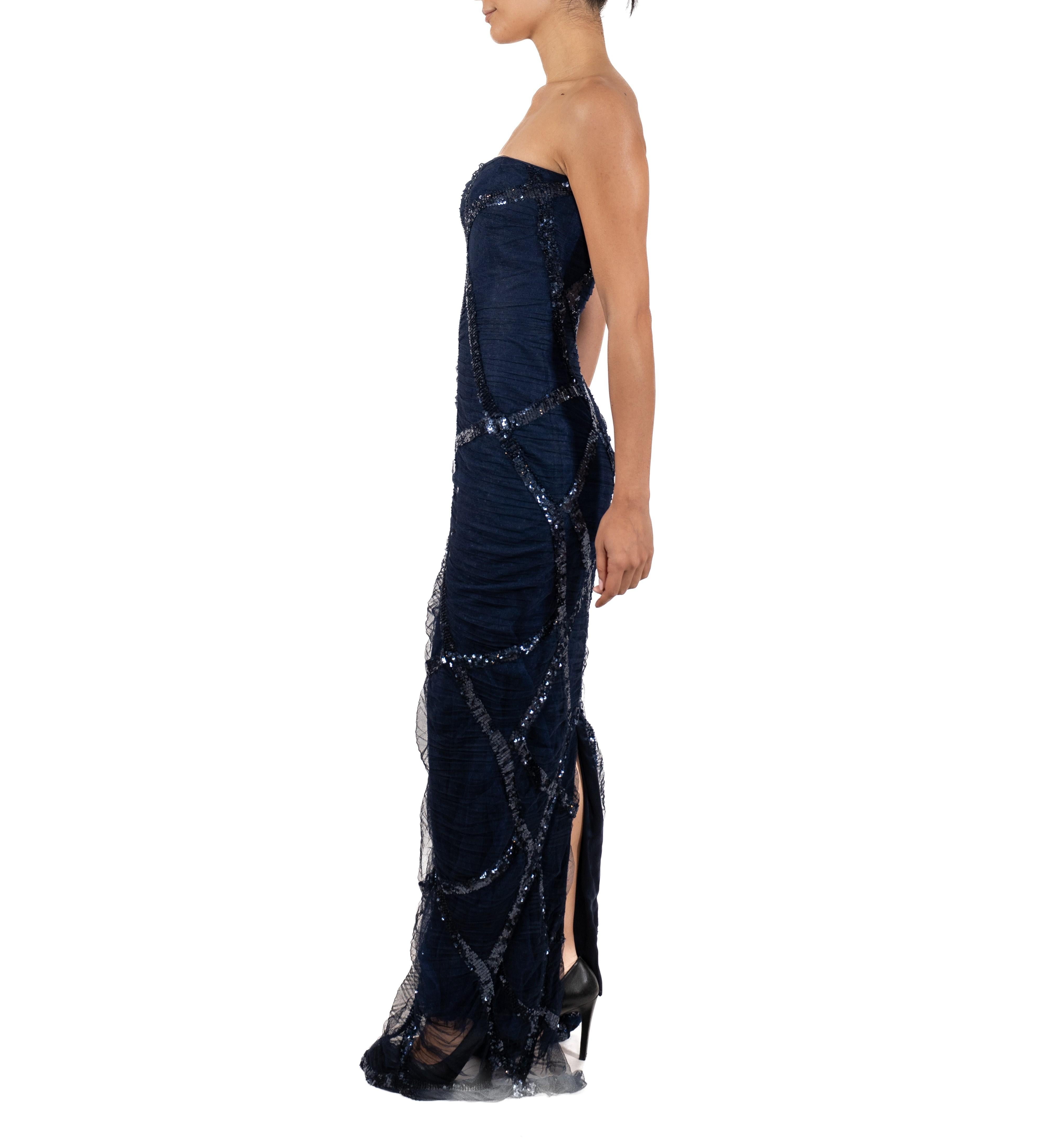 1990S Navy Blue Sequined Silk Strapless Gown In Good Condition For Sale In New York, NY