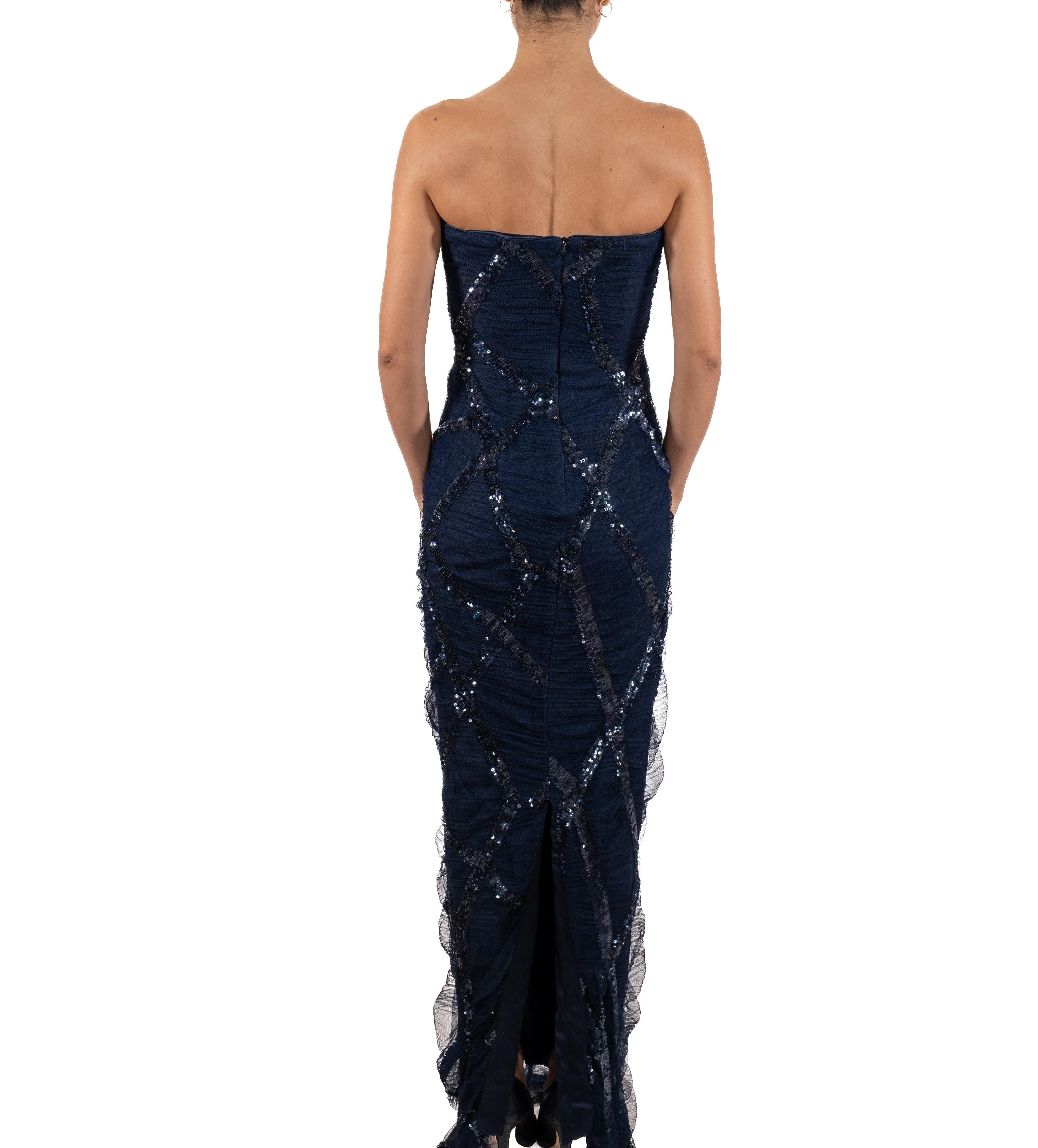 1990S Navy Blue Sequined Silk Strapless Gown For Sale 1