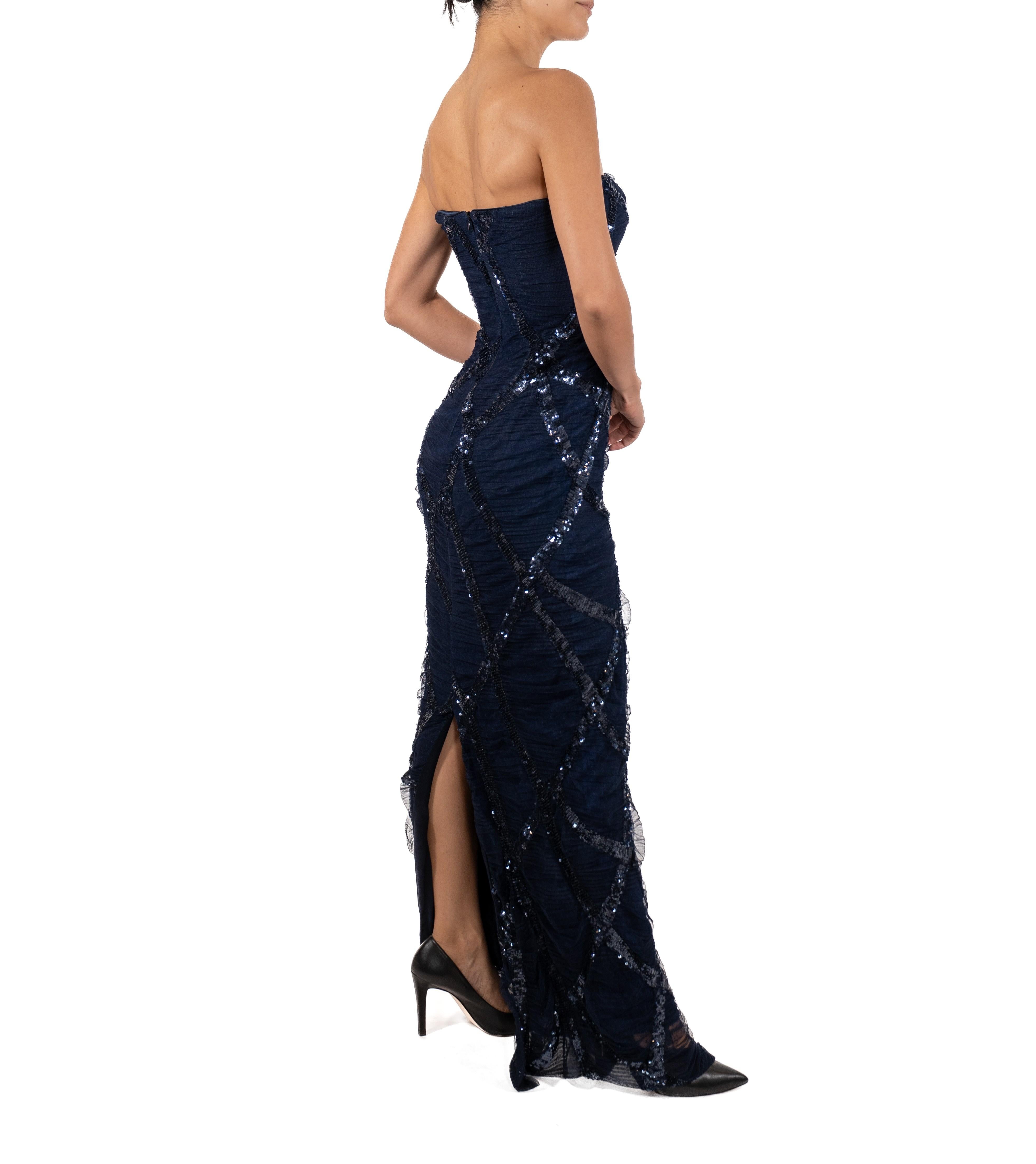 1990S Navy Blue Sequined Silk Strapless Gown For Sale 2