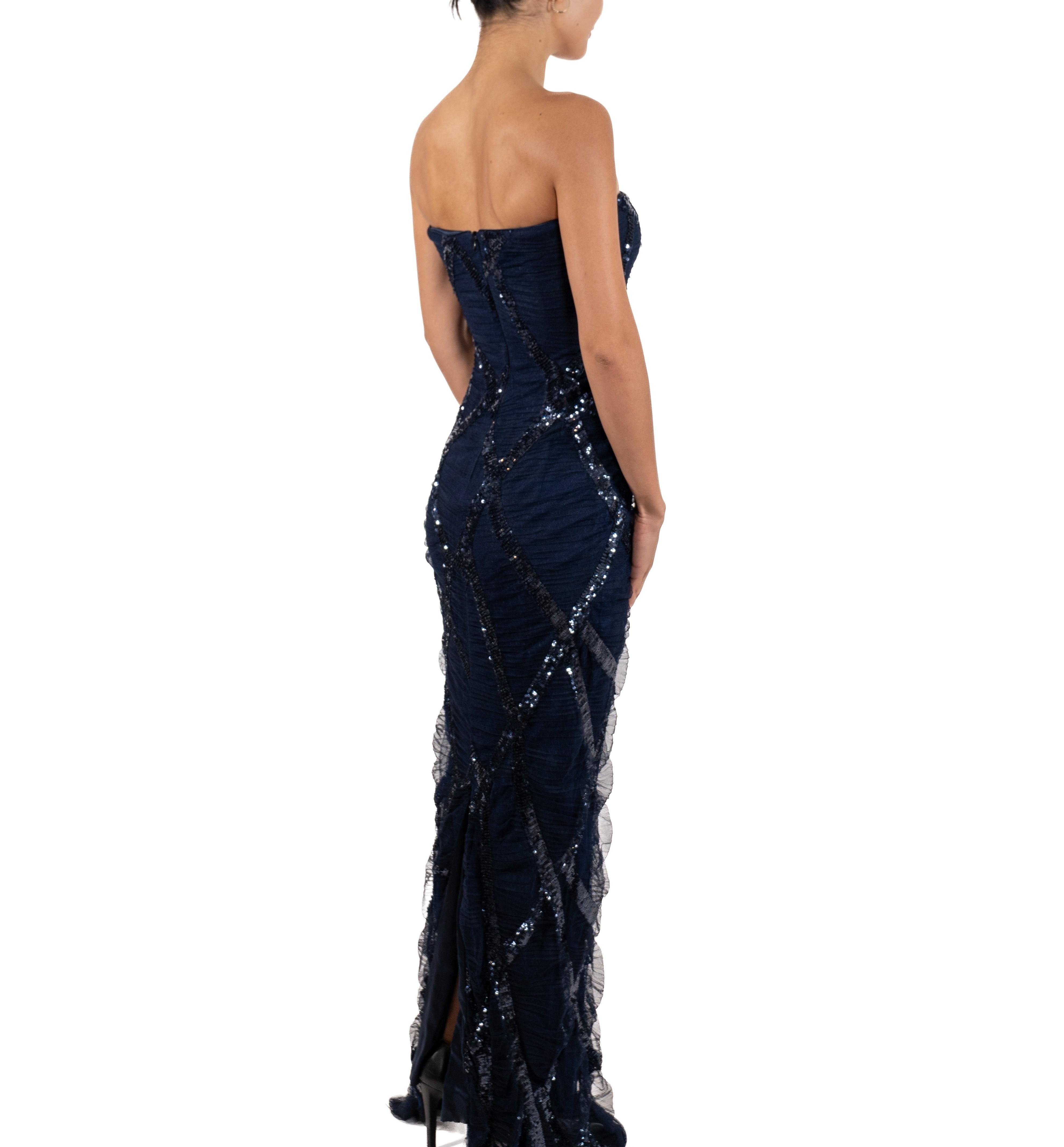 1990S Navy Blue Sequined Silk Strapless Gown For Sale 3