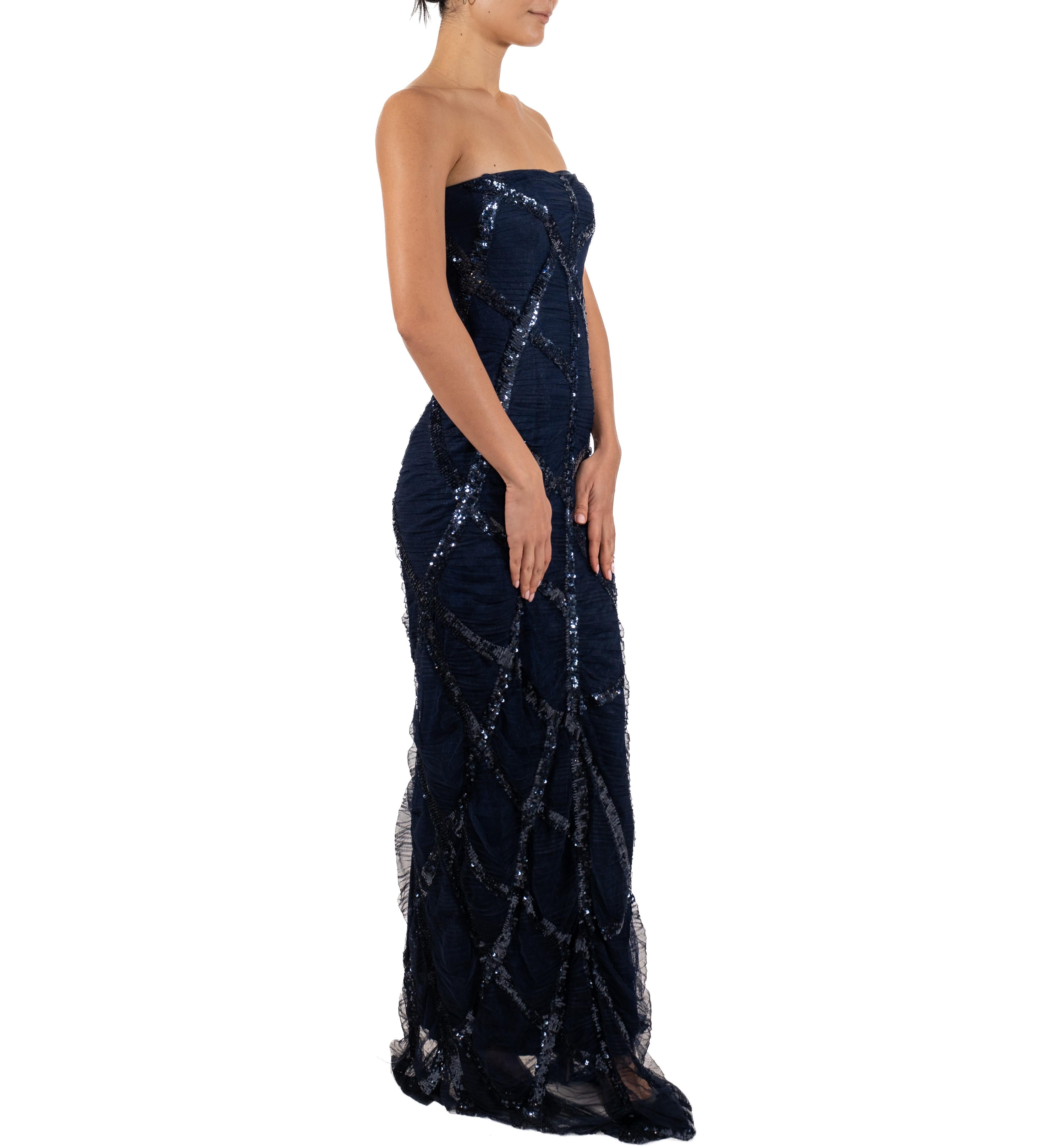 1990S Navy Blue Sequined Silk Strapless Gown For Sale 4