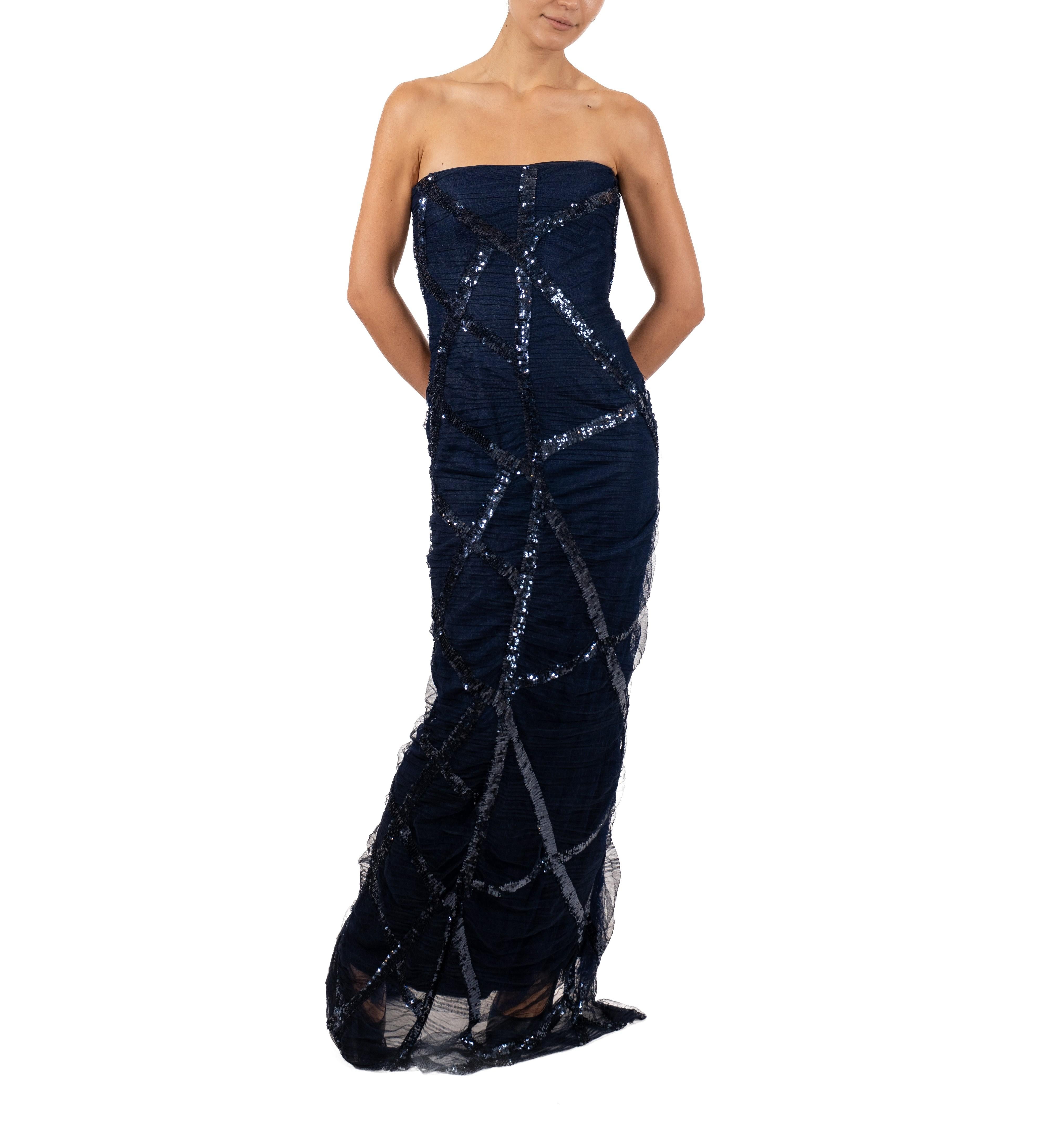 1990S Navy Blue Sequined Silk Strapless Gown For Sale 5
