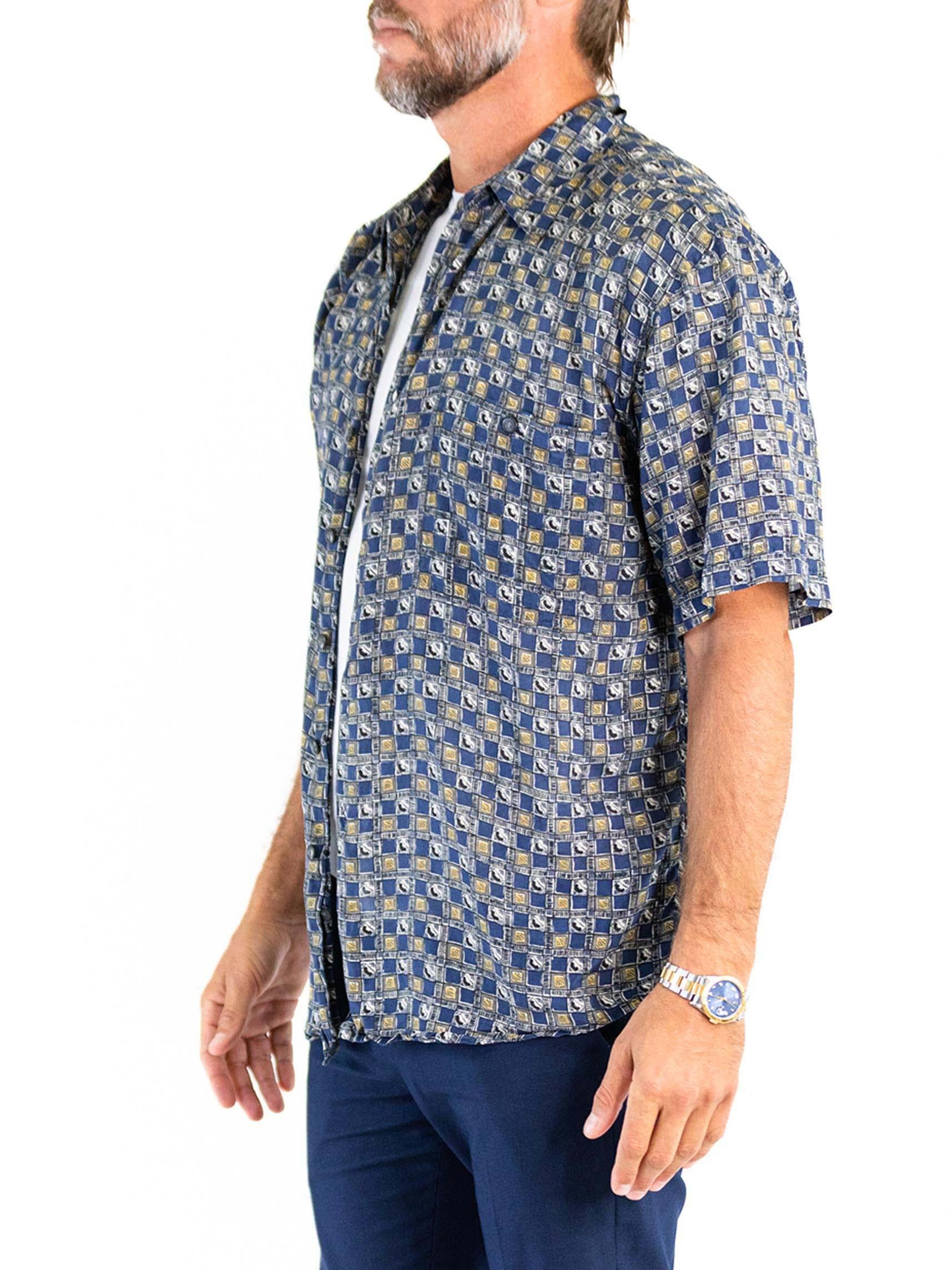 Men's 1990S Navy Blue Silk Sopranos Style Mens Shirt For Sale