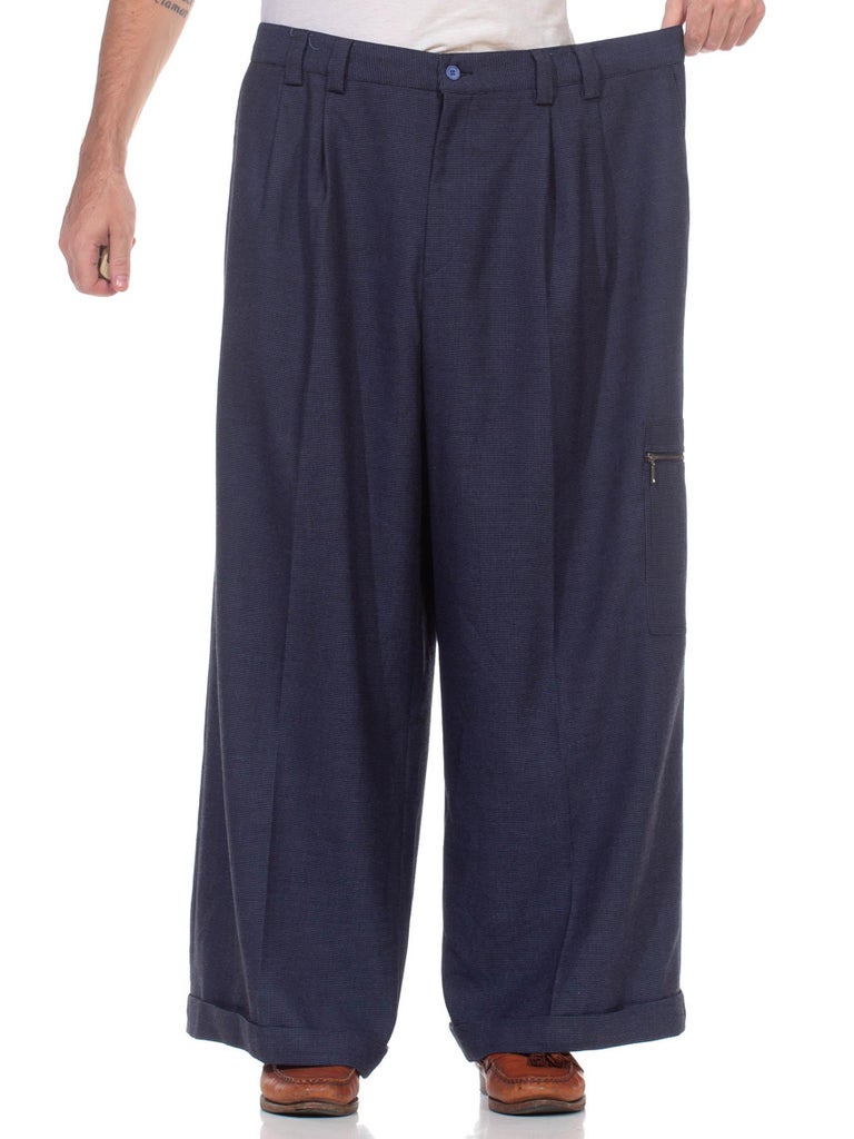 Men'S Wide Leg Single Pleated Pants Solid Navy Men'S Wide Leg Trousers