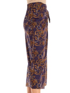 1990S Navy & Brown Cotton Blend Equestrian Print Skirt