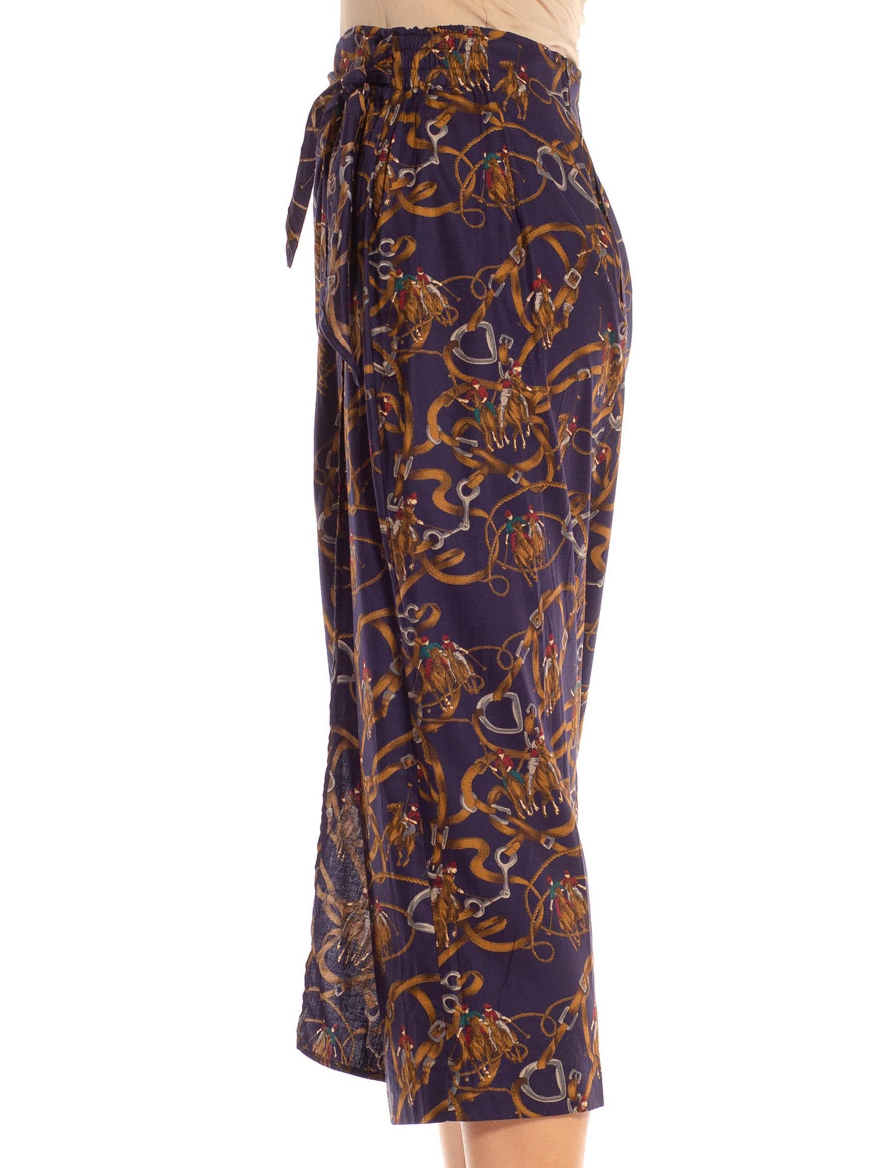 1990S Navy & Brown Cotton Blend Equestrian Print Skirt In Excellent Condition For Sale In New York, NY