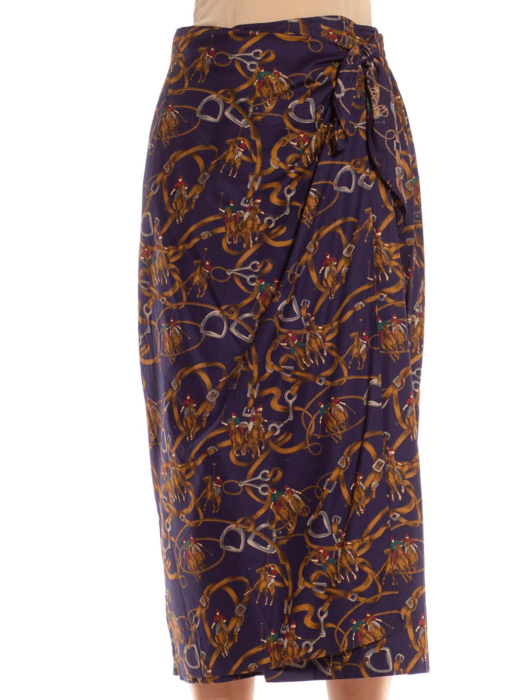 Women's 1990S Navy & Brown Cotton Blend Equestrian Print Skirt For Sale