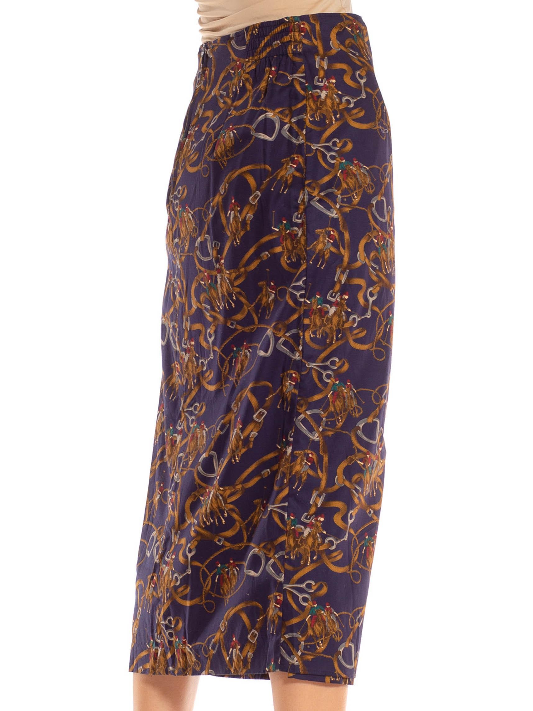 1990S Gonna a stampa equestre in misto cotone marrone e blu navy in vendita 1