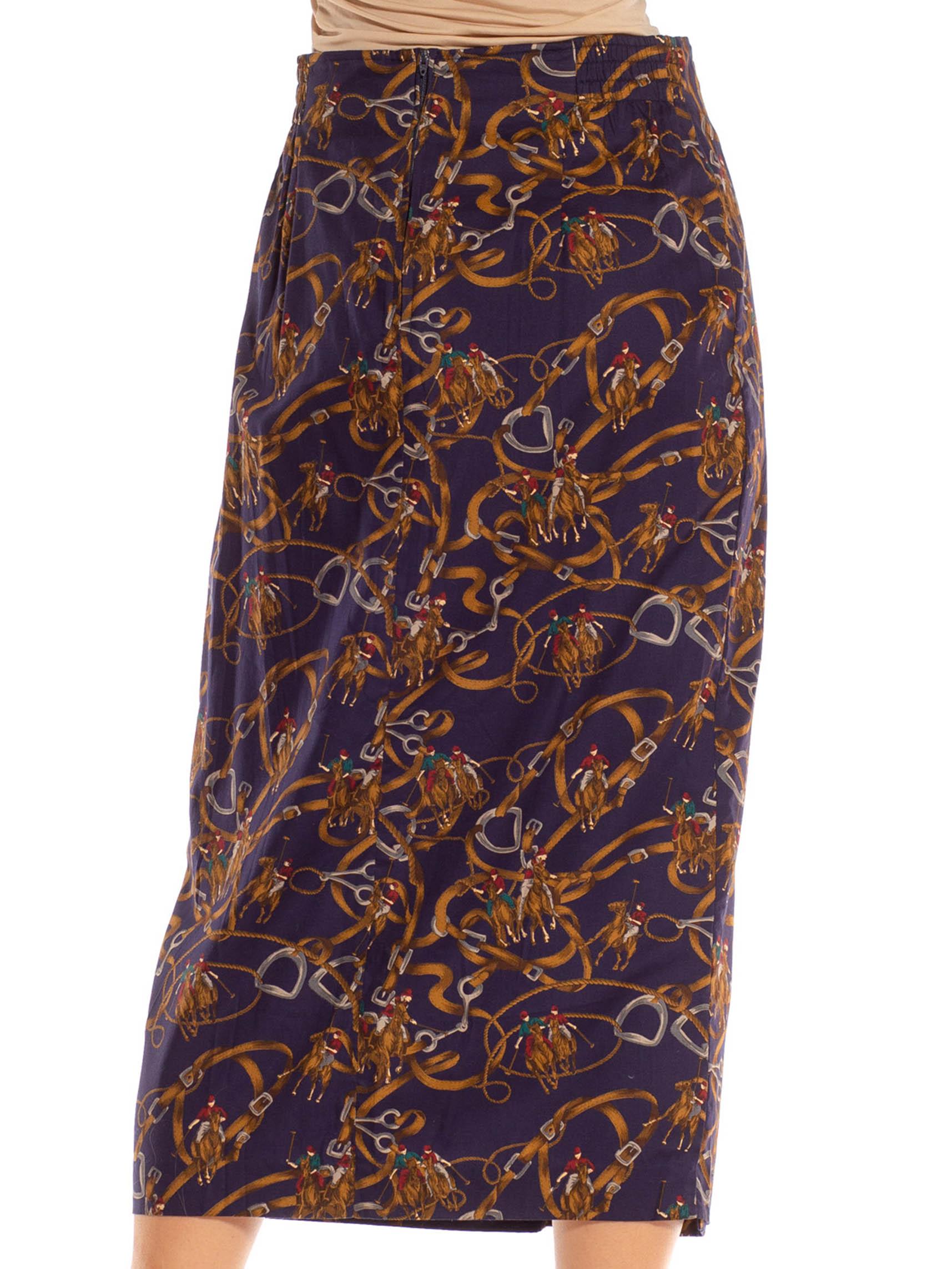 1990S Navy & Brown Cotton Blend Equestrian Print Skirt For Sale 2