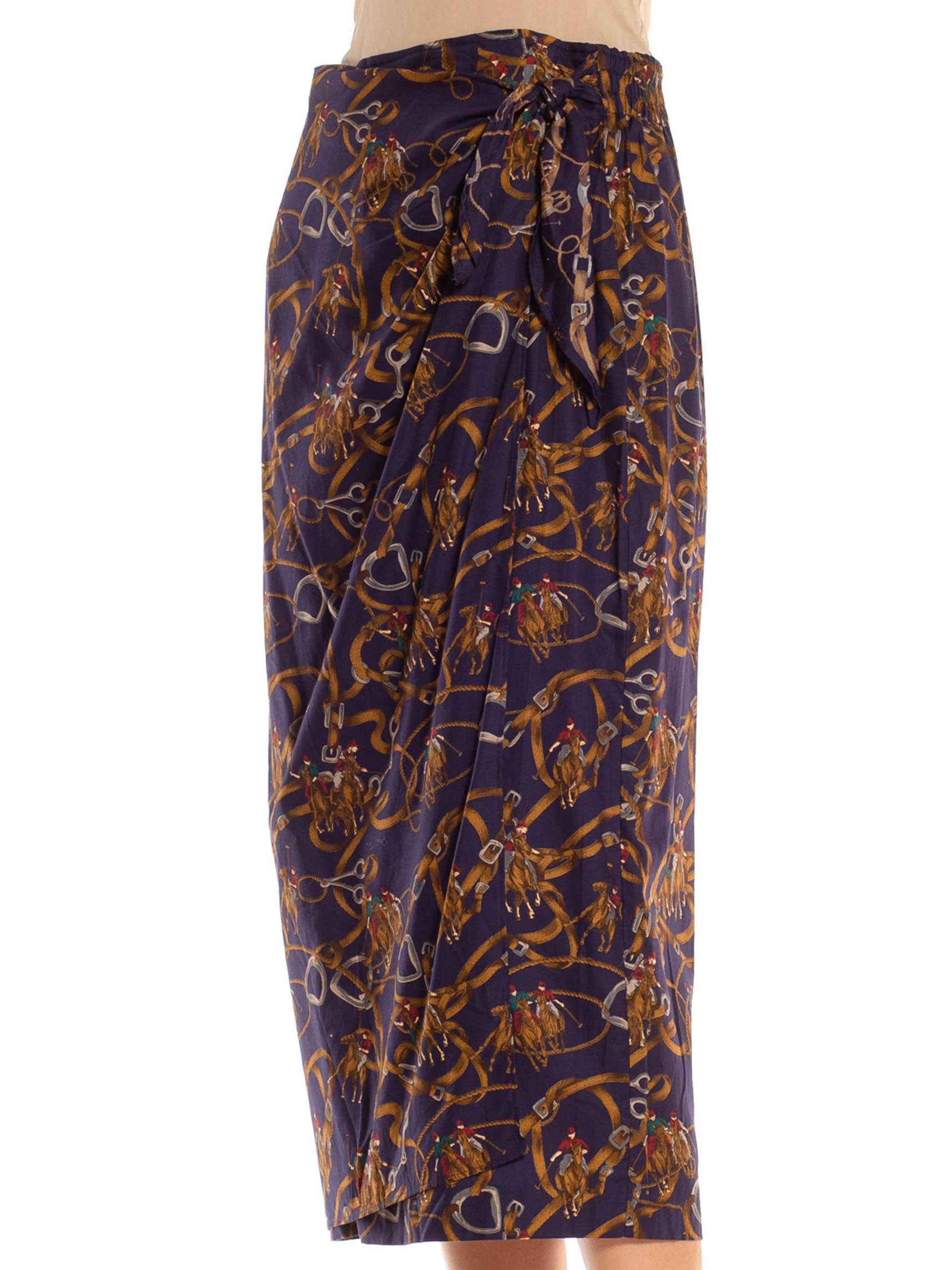 1990S Navy & Brown Cotton Blend Equestrian Print Skirt For Sale 4